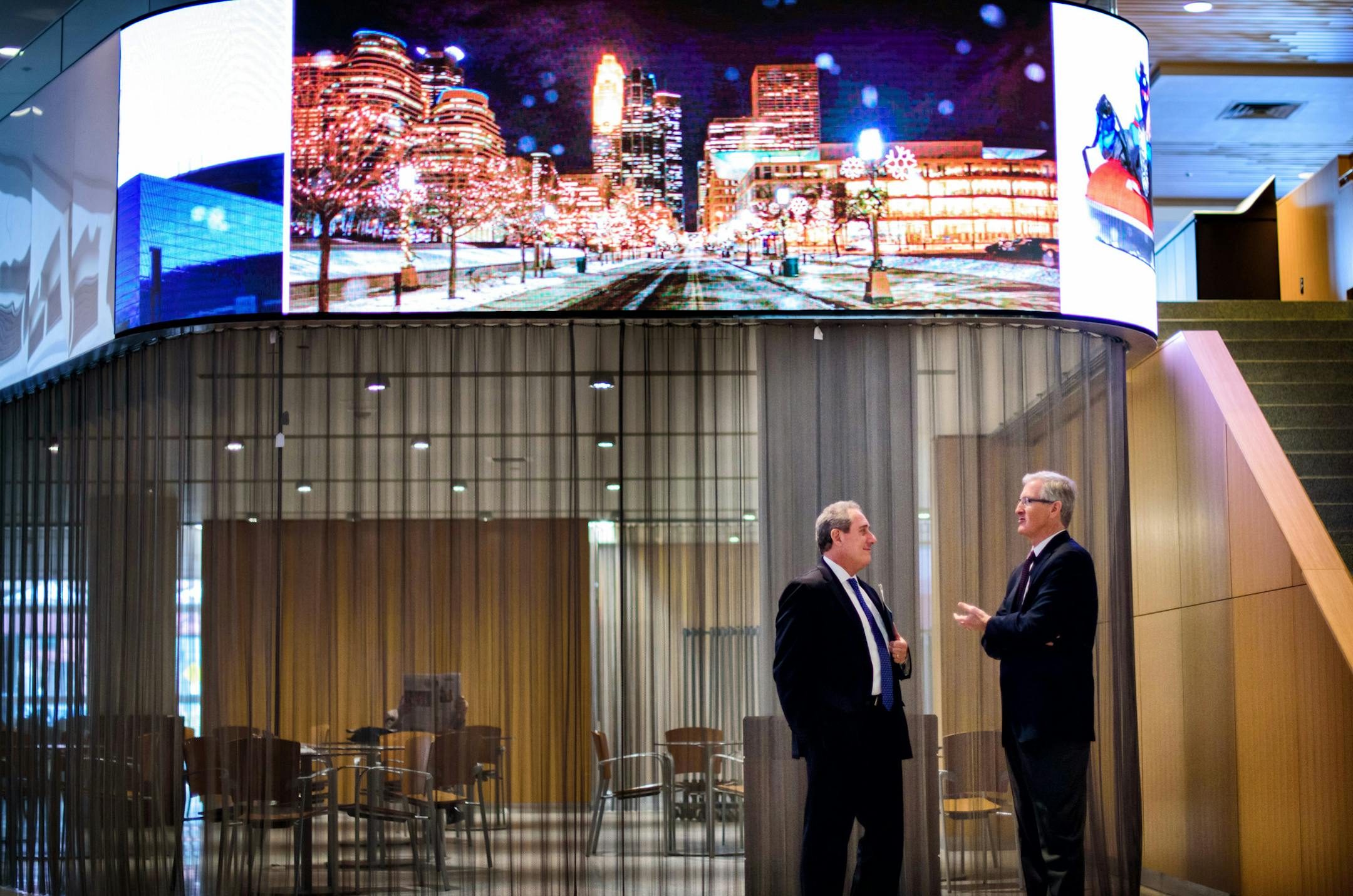 Ambassador Michael Froman, left, talked with Cargill executive chairman Greg Page in the Convention Center hallway before the meeting. ] GLEN STUBBE * gstubbe@startribune.com Monday March 7, 2016 U.S. Trade Representative Ambassador Michael Froman is speaking at the Minneapolis Economics Club Monday, advocating for the passing of Trans-Pacific PartnershipTPP.