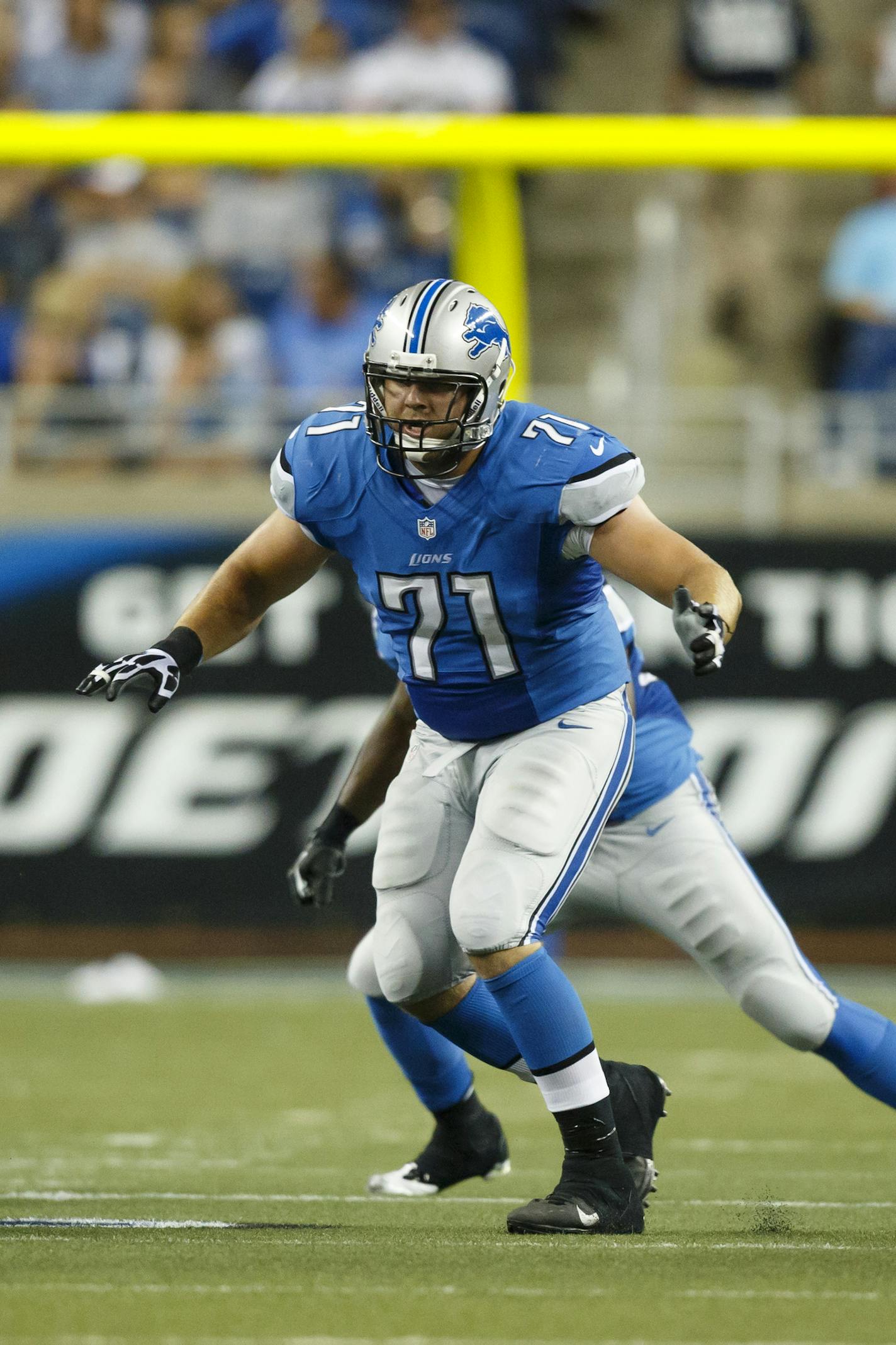 Detroit Lions tackle Riley Reiff (71) during an NFL preseason football game against the Cleveland Browns in Detroit, Friday, Aug. 10, 2012. (AP Photo/Rick Osentoski) ORG XMIT: NYOTK