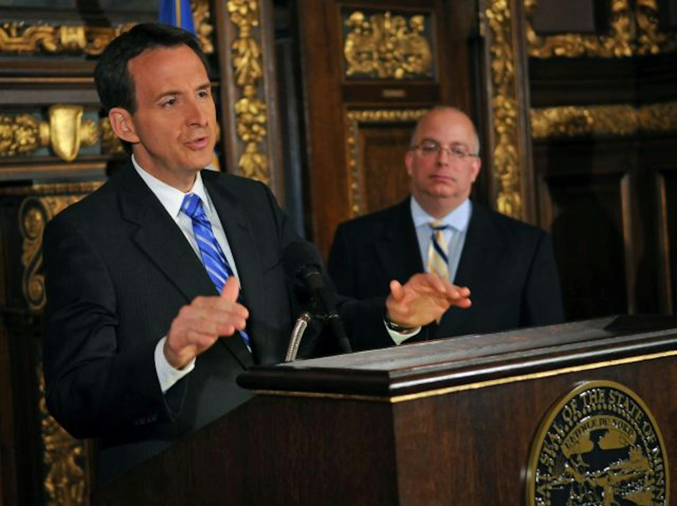 Gov. Tim Pawlenty spoke about the unallotment decision in the governor's reception room