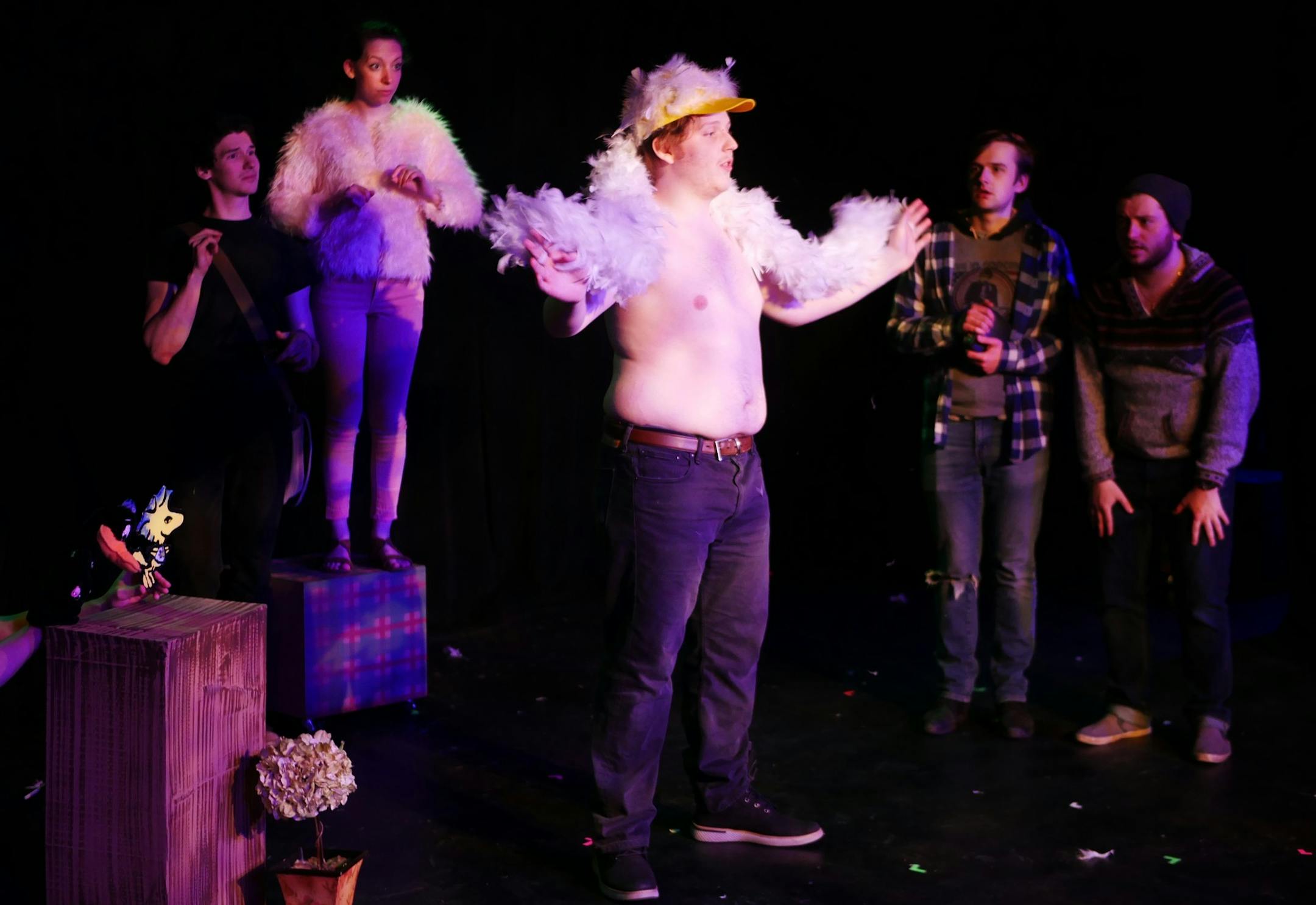 "The Birds, or Peter and Earl Want Wi-Fi" is a stew of Aristophanes' classic play and stoner comedy, playing at Phoenix Theater through Feb. 24. IDs, if we need 'em: (from left) Eric Dymit, Sophie Widman, McIntyre Godwin, Danylo Loutchko and Jake Mierva.
