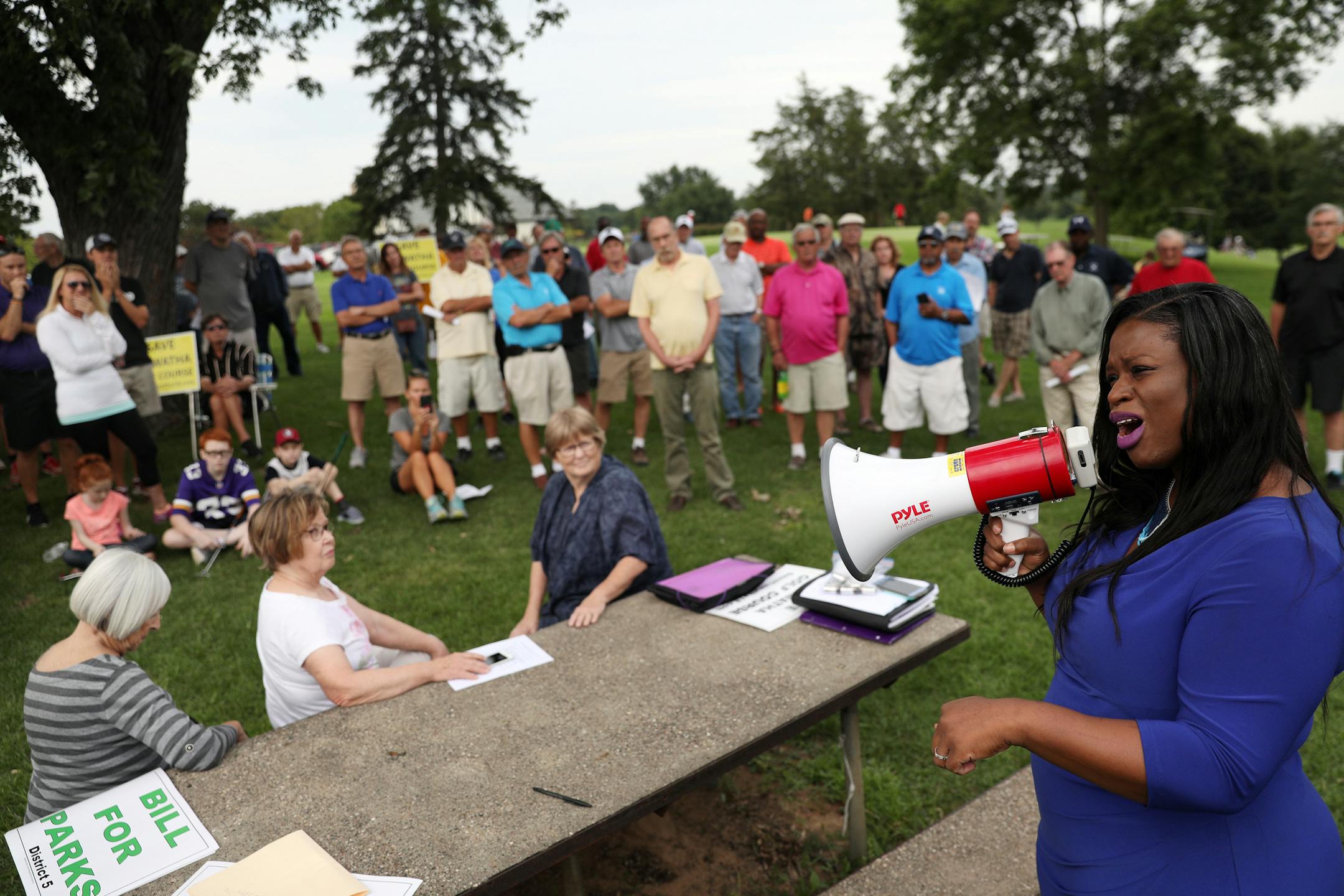 Mayoral candidate Nekima Levy-Pounds addressed golfers and supporters of the Hiawatha Golf Course on Tuesday as they rallied against the Park Board's recent decision to reduce pumping and close the course at the end of 2019 season.