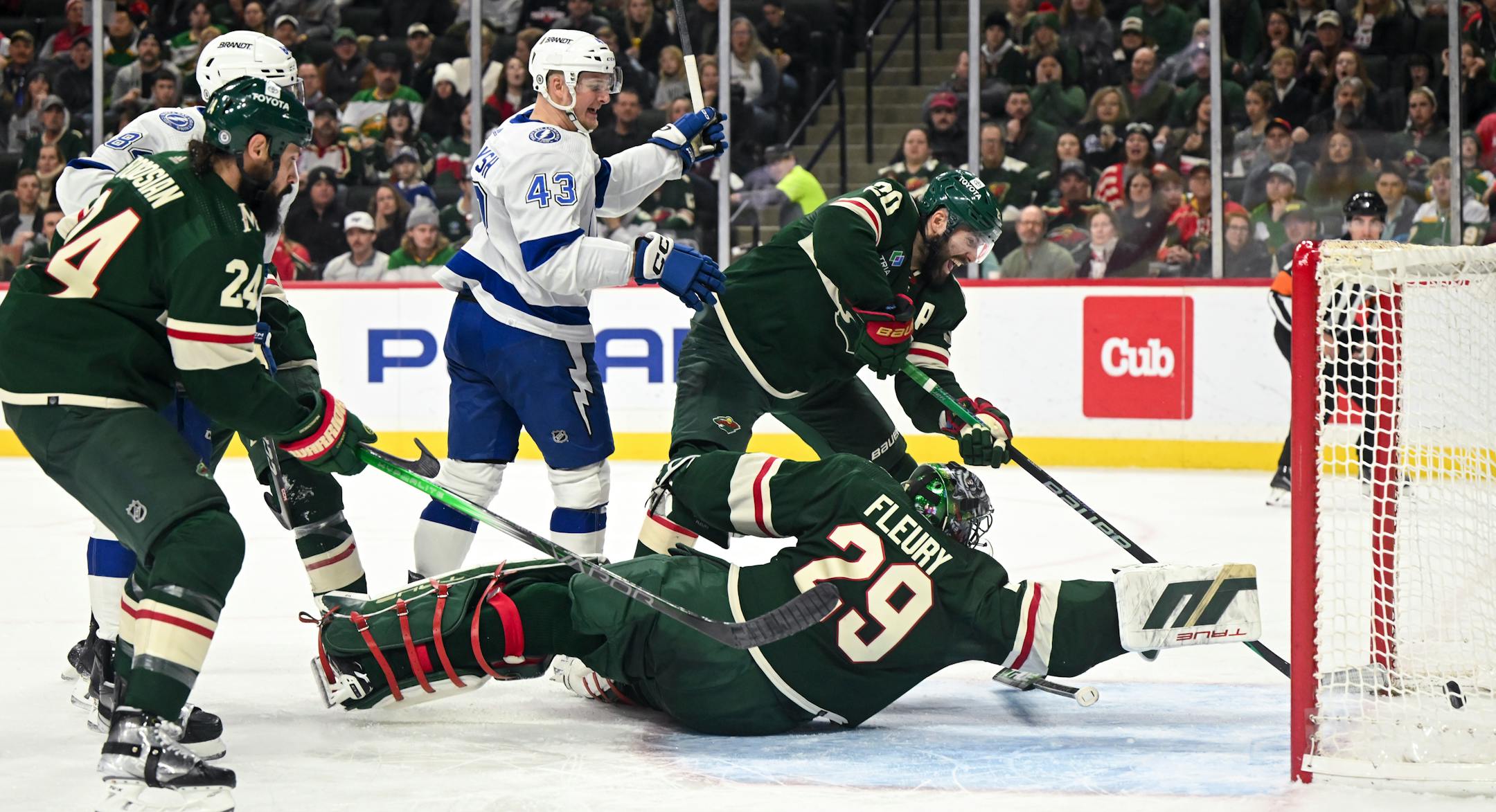 Tampa Bay Lightning defenseman Darren Raddysh (43) scores a goal against Minnesota Wild goaltender Marc-Andre Fleury (29) during the second period Thursday, Jan. 4, 2024 at Xcel Energy Center in St. Paul, Minn.. ] AARON LAVINSKY • aaron.lavinsky@startribune.com