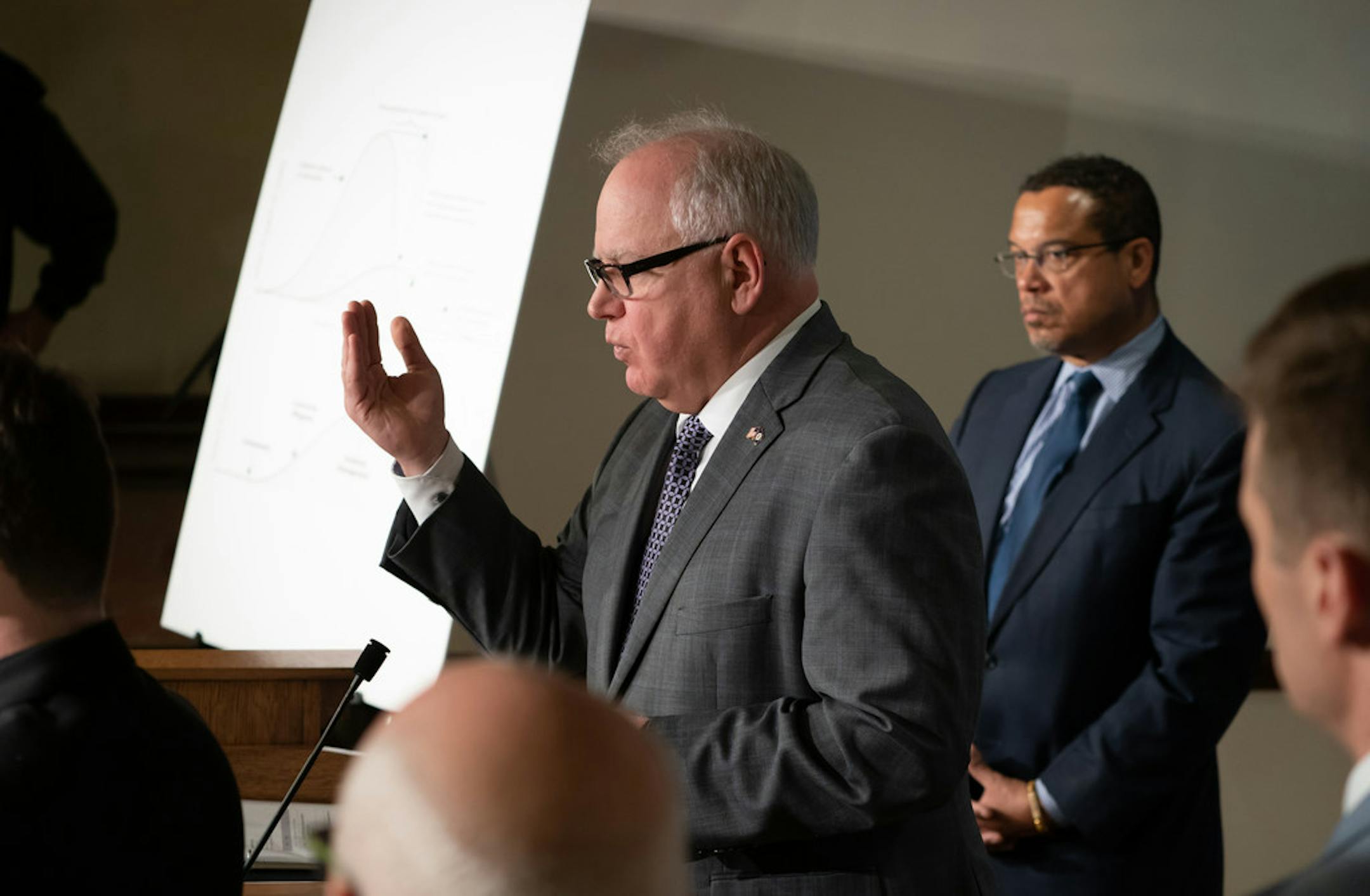 Minnesota Gov. Tim Walz and Attorney General Keith Ellison, shown in March.