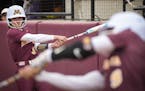 Gophers outfielder Natalie DenHartog warmed up during the team’s victory against Michigan last Saturday in Minneapolis. She had an RBI vs. Ohio Stat