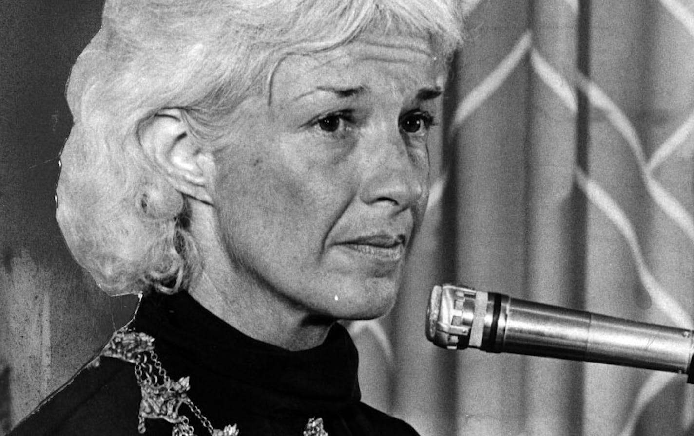 Virginia Piper (Mrs. Harry C. Piper Jr.) talks with reporters after being kidnapped for approx. two days in July 1972. Minneapolis Star photo by staff photographer Larry Schreiber, July 30, 1972.