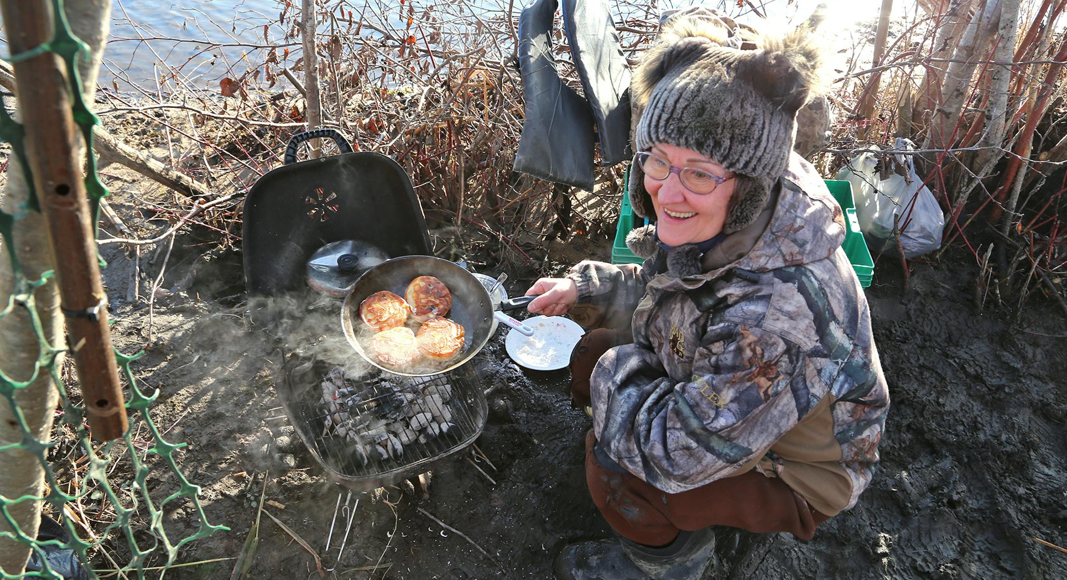 Galina Diller prepared breakfast in the goose blind: pancakes and hot coffee, both served on a relatively summerlike morning when plenty of geese were in the area but few flew.