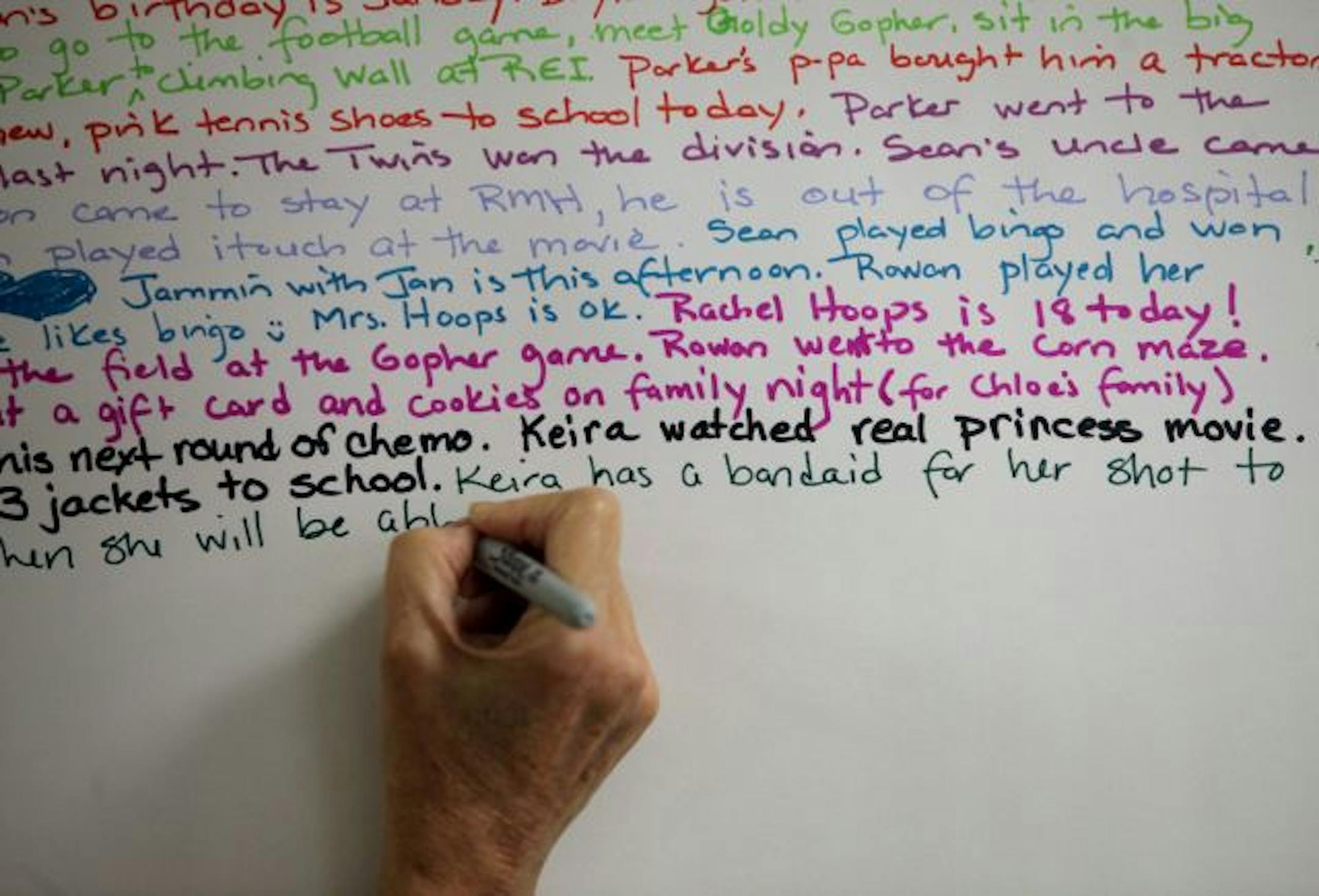 Teacher's aide Libby Hoops wrote down a sentence from a student's daily comment.