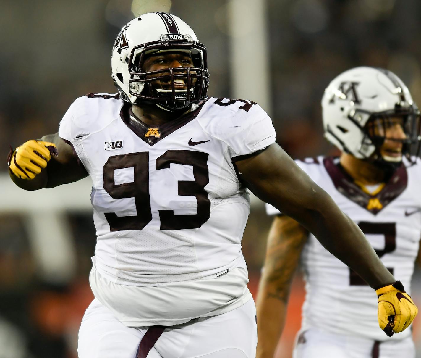 Minnesota Golden Gophers defensive lineman Merrick Jackson (93) celebrated after the ruling of a fumble against Oregon State Beavers was upheld Saturday in the first quarter. ] AARON LAVINSKY &#xef; aaron.lavinsky@startribune.com The University of Minnesota Golden Gophers football team played the Oregon State Beavers on Saturday, Sept. 9, 2017 at Reser Stadium in Corvallis, Oregon