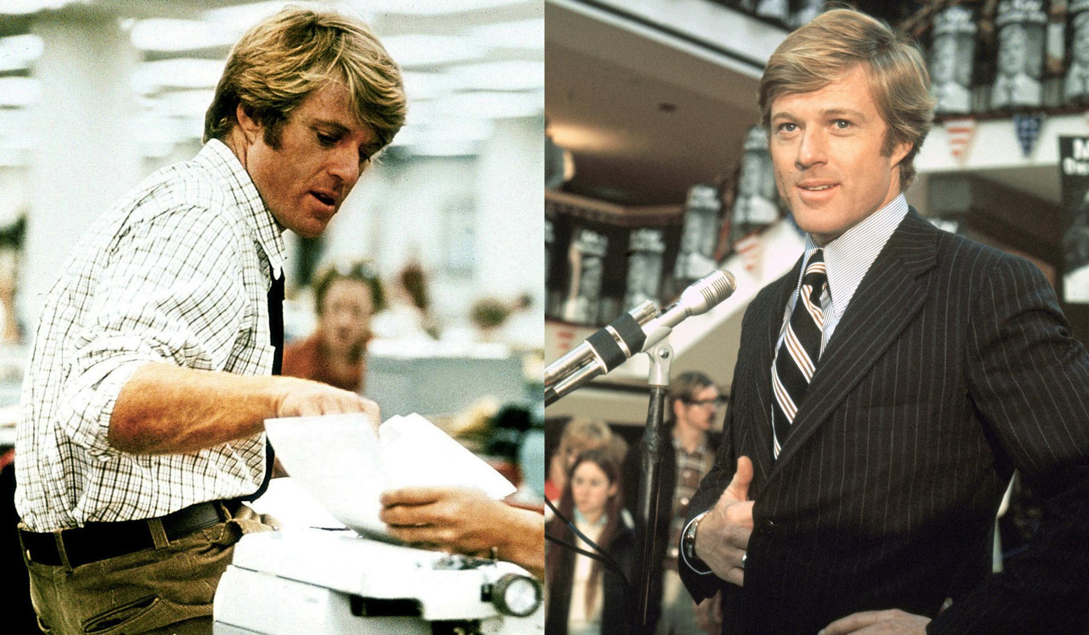 Robert Redford portrays Bob Woodward in "All the President's Men" (1976) and office-seeker Bill McKay in "The Candidate" (1972).