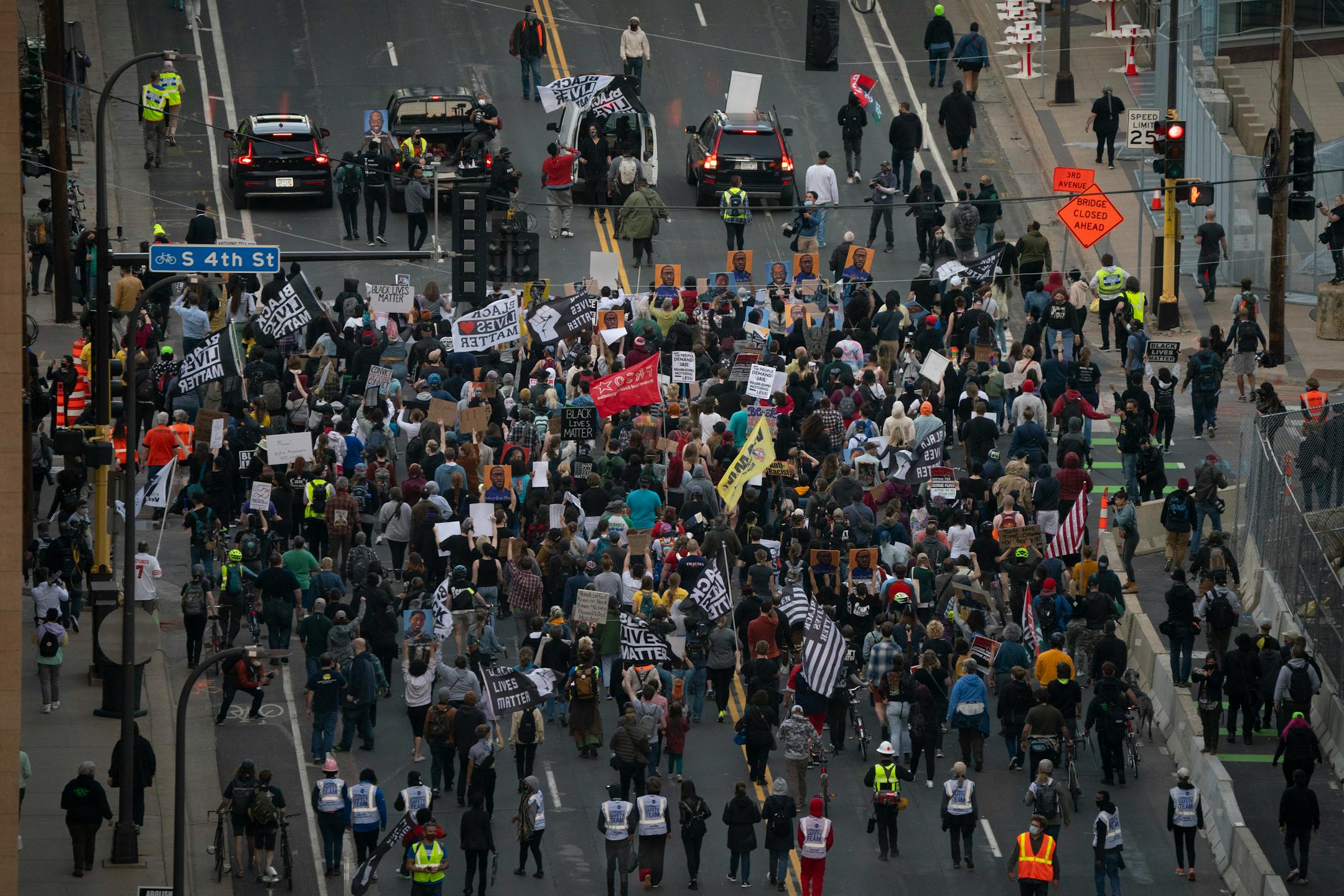 Demonstrators began marching east on 3rd Ave. S. after listening to speakers when they were first assembled outside the Hennepin County Government Center.