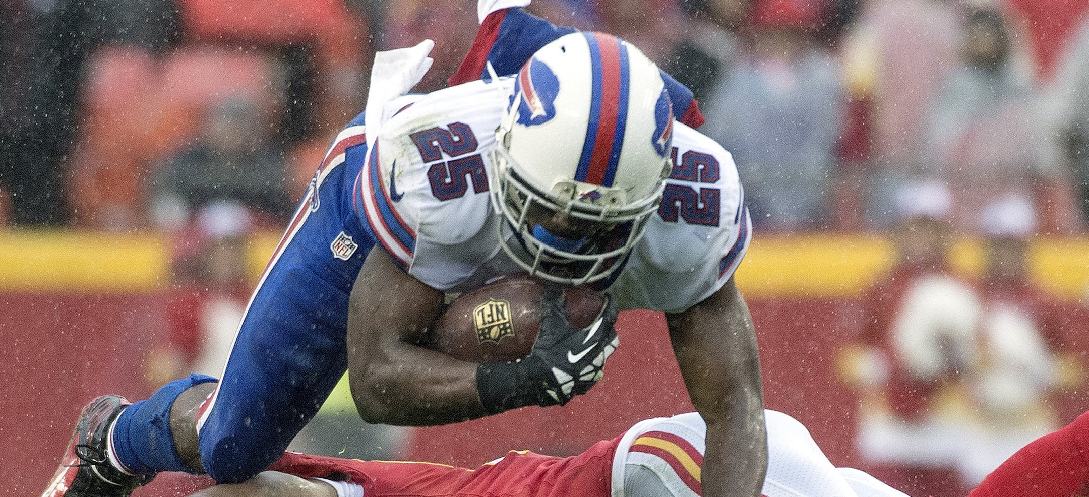 Kansas City Chiefs inside linebacker Derrick Johnson (56) stops Buffalo Bills running back LeSean McCoy (25) at the yard of scrimmage for no gain in the second quarter during Sunday's football game on Nov. 29, 2015 at Arrowhead Stadium in Kansas City, Mo. The Chiefs won 30-22. (John Sleezer/Kansas City Star/TNS) ORG XMIT: 1177303