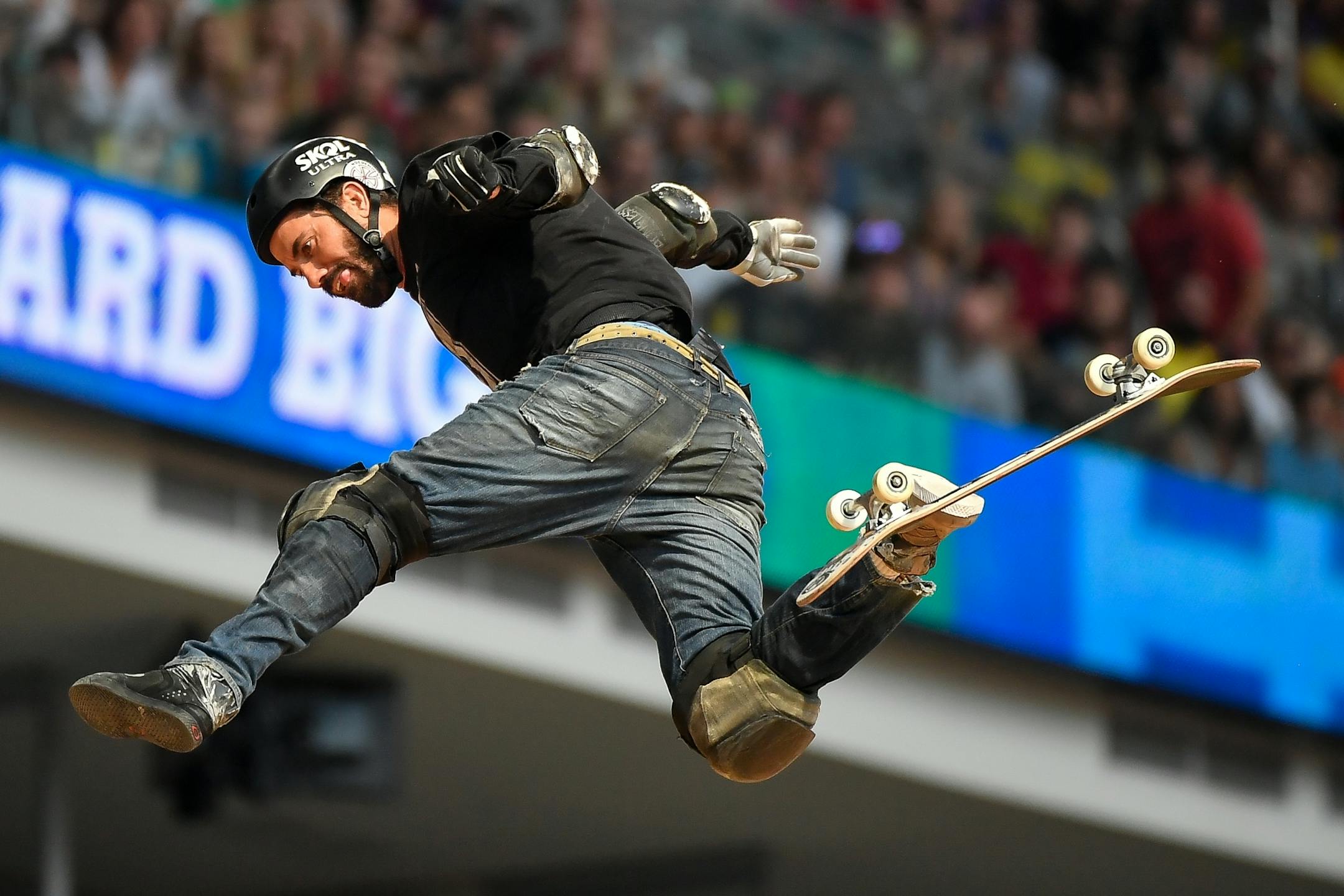 Skateboard legend Bob Burnquist lost control of his board in mid air during the big air finals Saturday.