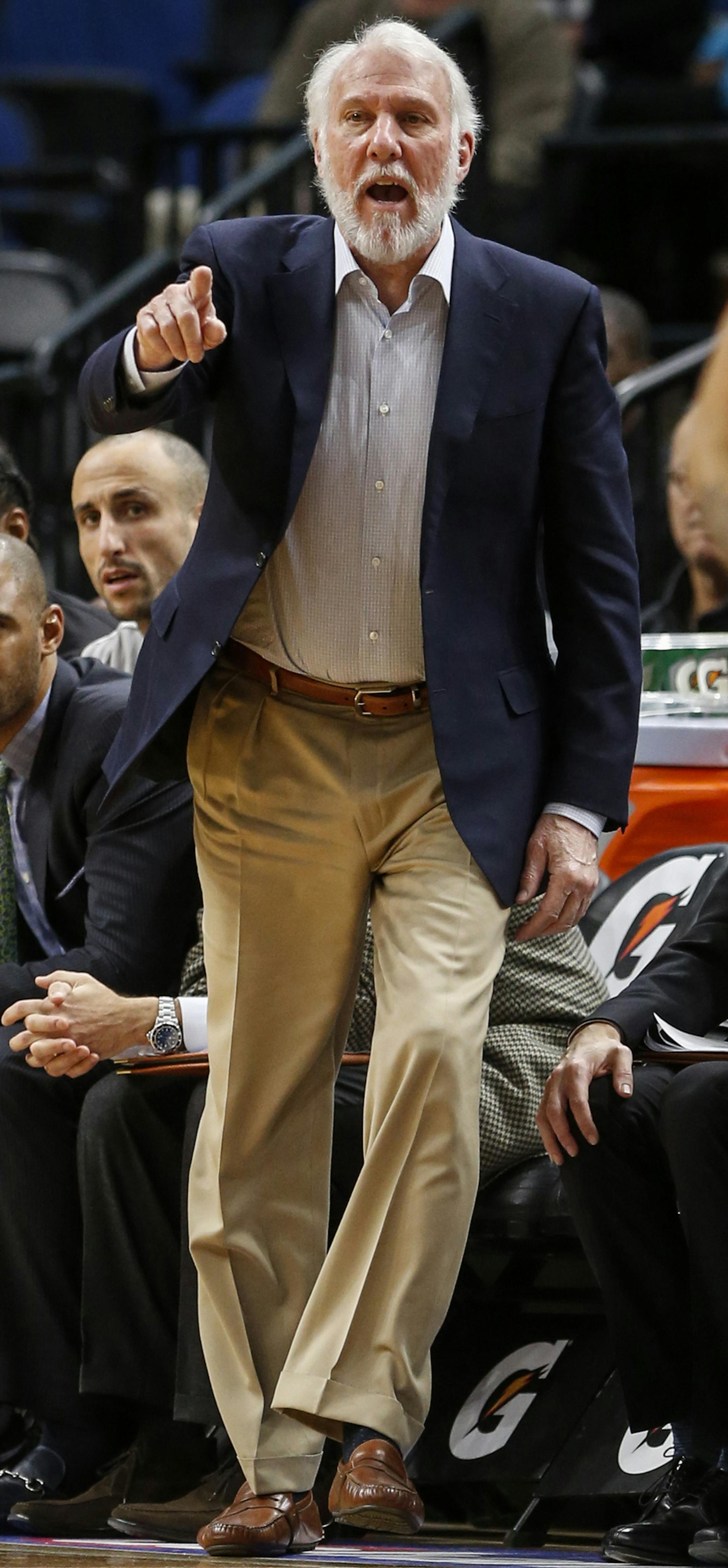 San Antonio Spurs head coach Gregg Popovich directs his team as they play the Minnesota Timberwolves in an NBA basketball game on Tuesday, Dec. 6, 2016, in Minneapolis. The Spurs won 105-91. (AP Photo/Bruce Kluckhohn)