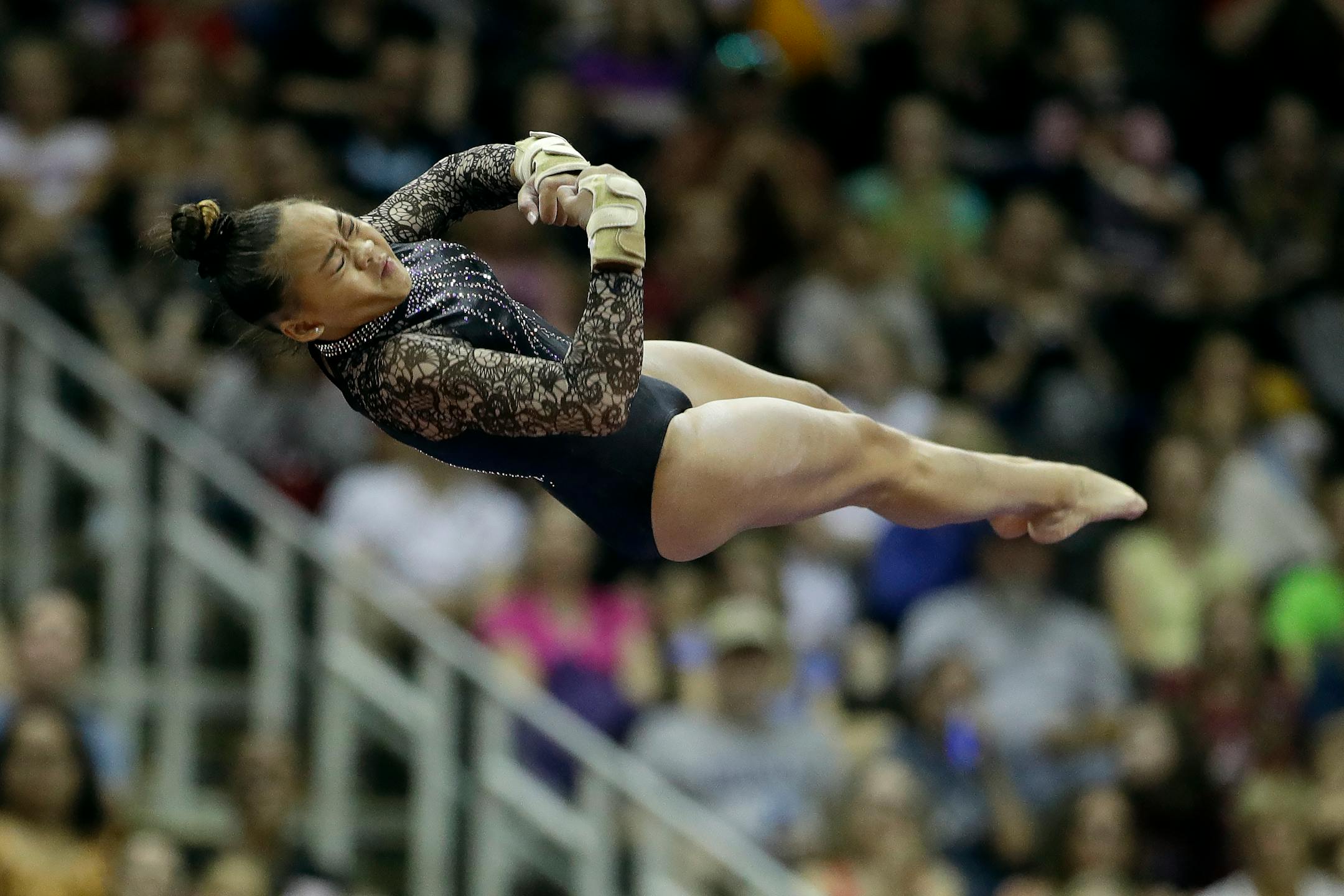 Sunisa Lee competes in the vault during the senior women's competition at the 2019 U.S. Gymnastics Championships Sunday, Aug. 11, 2019, in Kansas City, Mo. Lee finished second in the all-around.
