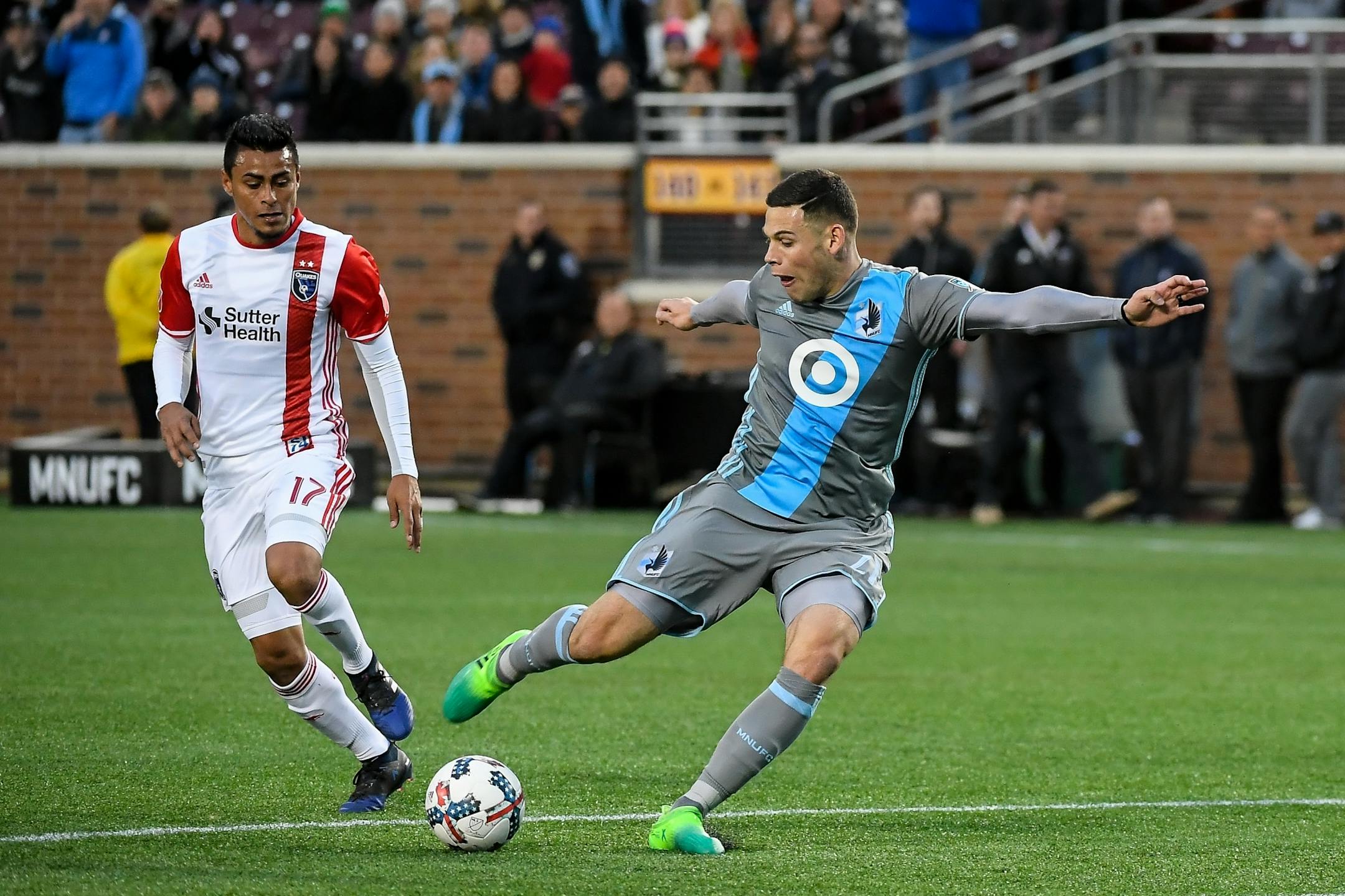 San Jose Earthquakes midfielder Darwin Ceren (17) watched as Minnesota United forward Christian Ramirez (21) attempted a shot on goal late in the first half Saturday.