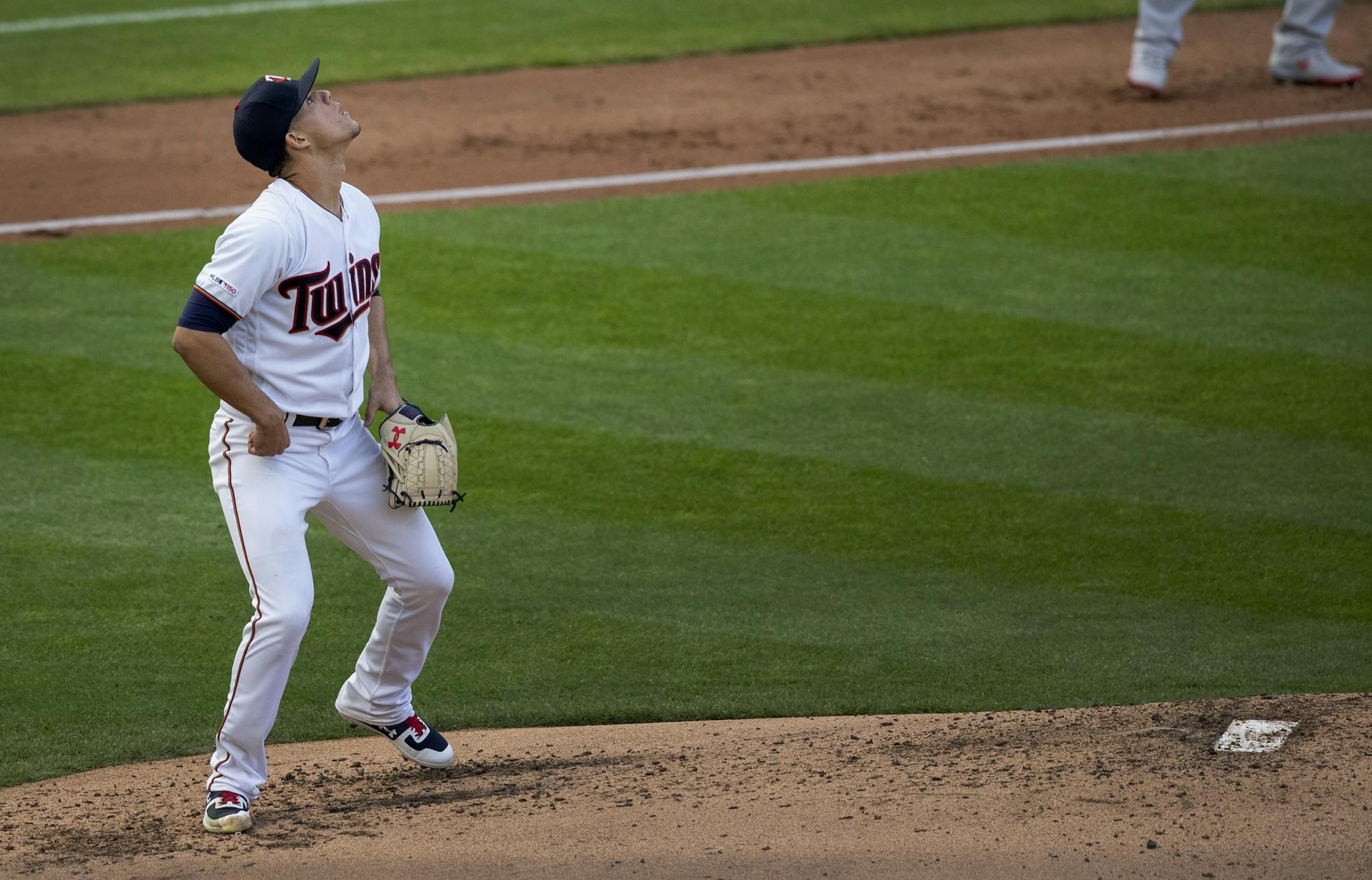 Minnesota Twins starting pitcher Jose Berrios watched a home run hit by Shohei Ohtani in the third inning.
