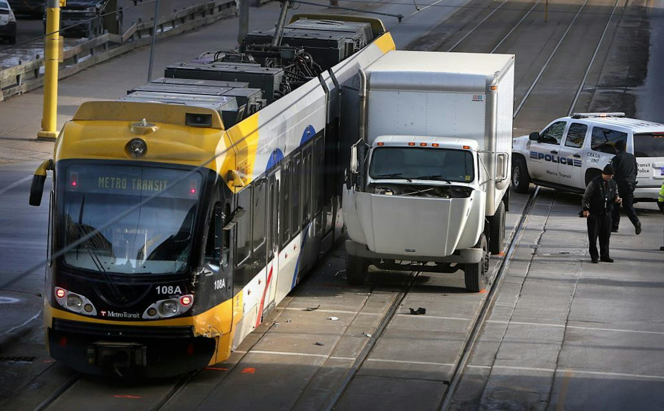 A light-rail train car and a truck collided at the intersection of 5th Avenue S. and S. 5th Street in Minneapolis on Tuesday. The train car was empty at the time.