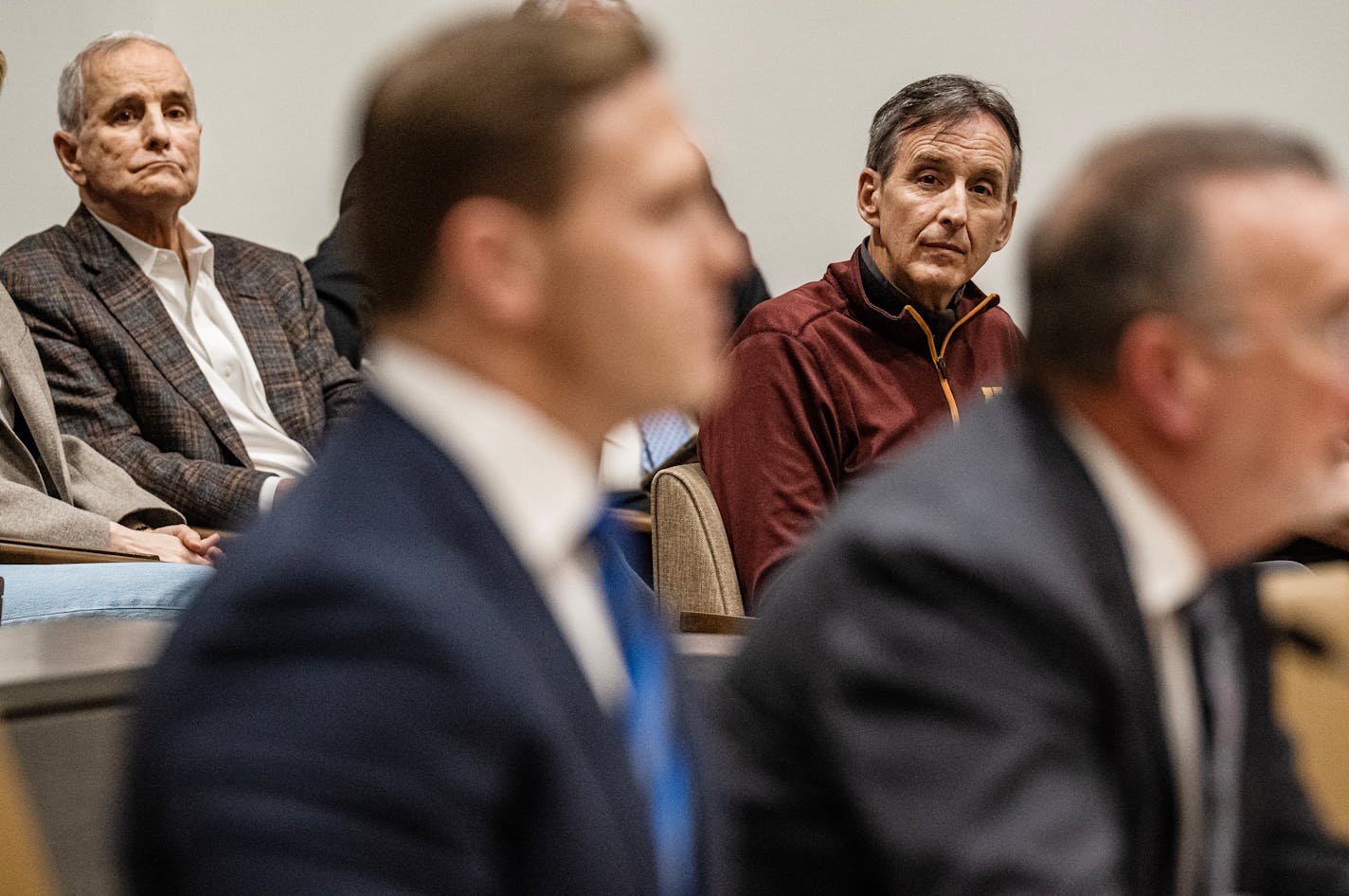 Former Minnesota Govs. Mark Dayton and Tim Pawlenty watched as Sanford CEO Bill Gassen and Fairview CEO James Hereford testified before the State Senate HHS Committee to ask that the merger talks be slowed down. in St.Paul, Minn., on Tuesday, March 7, 2023. former MN Govs. Dayton and Pawlenty will testify to the State Senate HHS Committee and ask that the merger talks be slowed down. The Democrat and Republican have apparently reached common ground on this topic! ] RICHARD TSONG-TAATARII • richard.tsong-taatarii @startribune.com