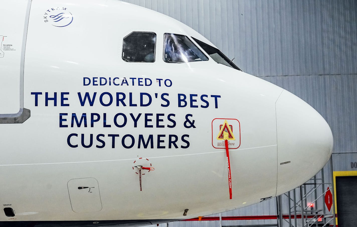 Delta Air Lines custom paints one of its A320s for profit sharing day in Atlanta, Ga. on Wednesday, February 12, 2020. (Photo by John Paul Van Wert for Rank Studios)