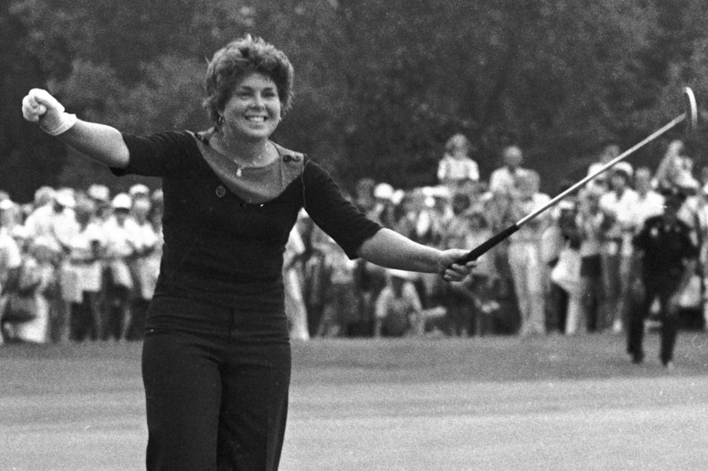 FILE - In this July 24, 1977 file photo, Hollis Stacy reacts after her final putt to win the U.S. Women's Open golf championship at Hazeltine National Golf Club in Chaska, Minn. Stacy, a four-time major winner, has been selected to the World Golf Hall of Fame. on Thursday, Nov. 17, 2011. She will be inducted into the Hall of Fame on May 7, 2012, at World Golf Village in St. Augustine, Fla. (AP Photo/Jim Mone, File) ORG XMIT: NY178