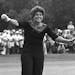FILE - In this July 24, 1977 file photo, Hollis Stacy reacts after her final putt to win the U.S. Women's Open golf championship at Hazeltine National