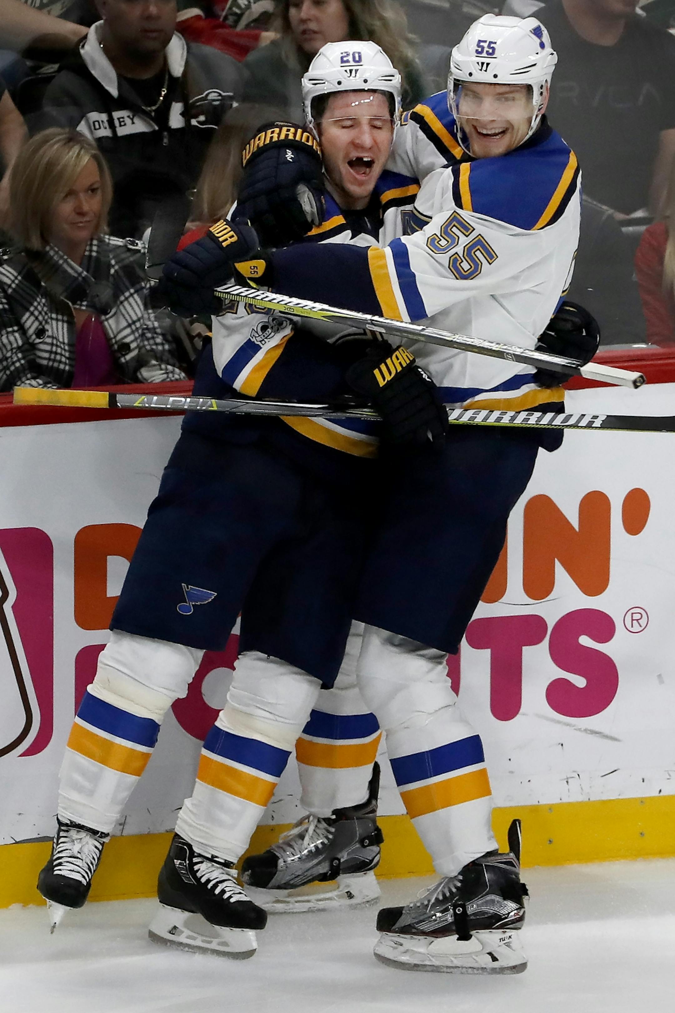 Alexander Steen (20) and Colton Parayko (55) celebrated a goal by Steen in the first period.
