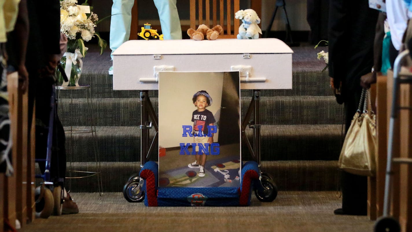 Some of his favorite toys and a photo rest on the casket of Le'Vonte King Jason Jones, 2, shot and killed last week in a drive-by shooting, during a celebration of life service Friday, July 15, 2016, at Bethel Christian Fellowship.](DAVID JOLES/STARTRIBUNE)djoles@startribune Celebration of Life for Le&#x201d;Vonte King Jason Jones, 2, Friday, July 15, 2016, at Bethel Christian Fellowship. Jones was shot and killed in a drive-by shooting on July 8, in North Minneapolis.