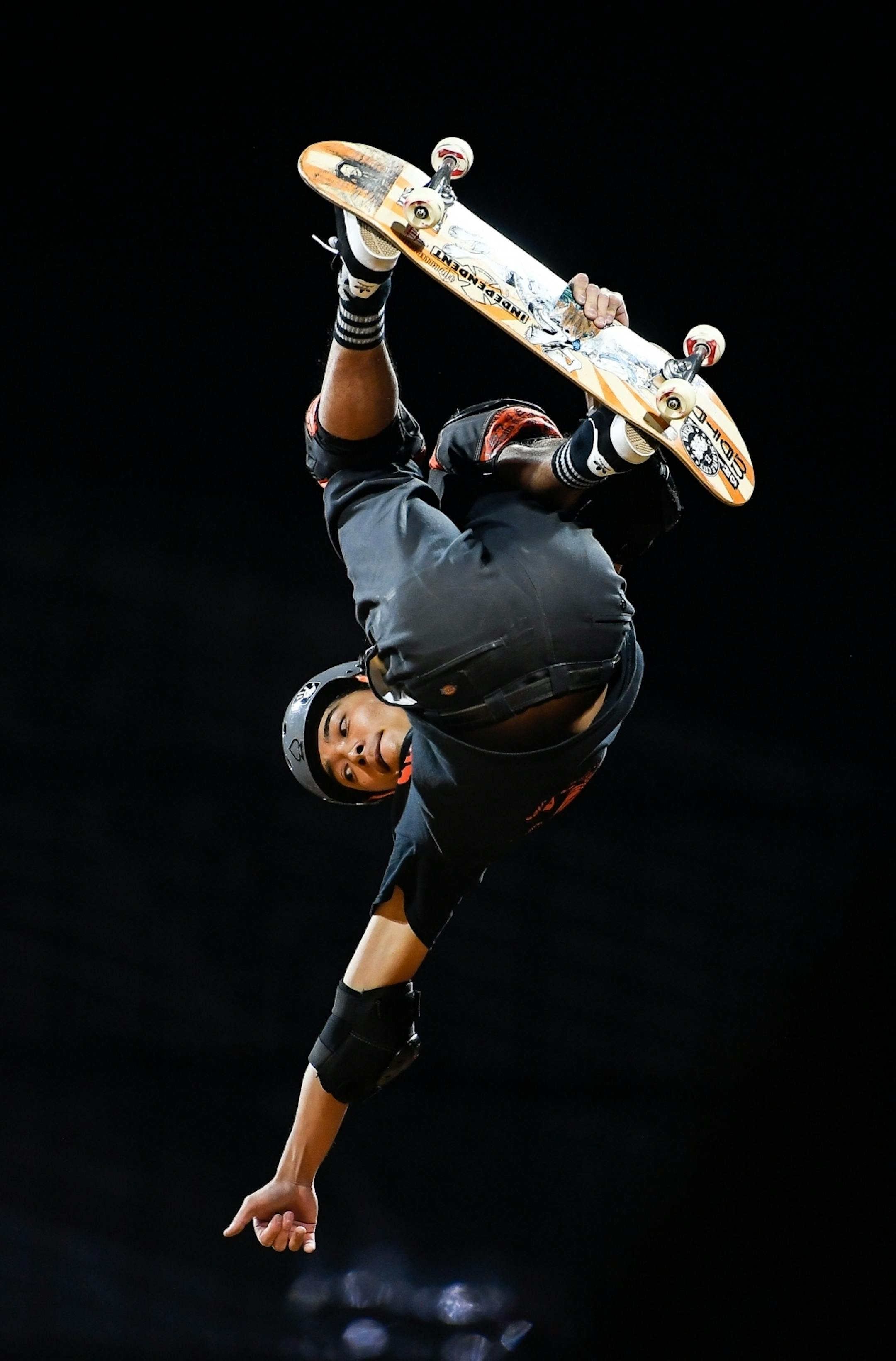 2017 X Games vert gold medalist Moto Shibata, of Japan, launched out of the vert ramp during his third run in the finals Thursday. Shibata place second overall with a score of 87.33.