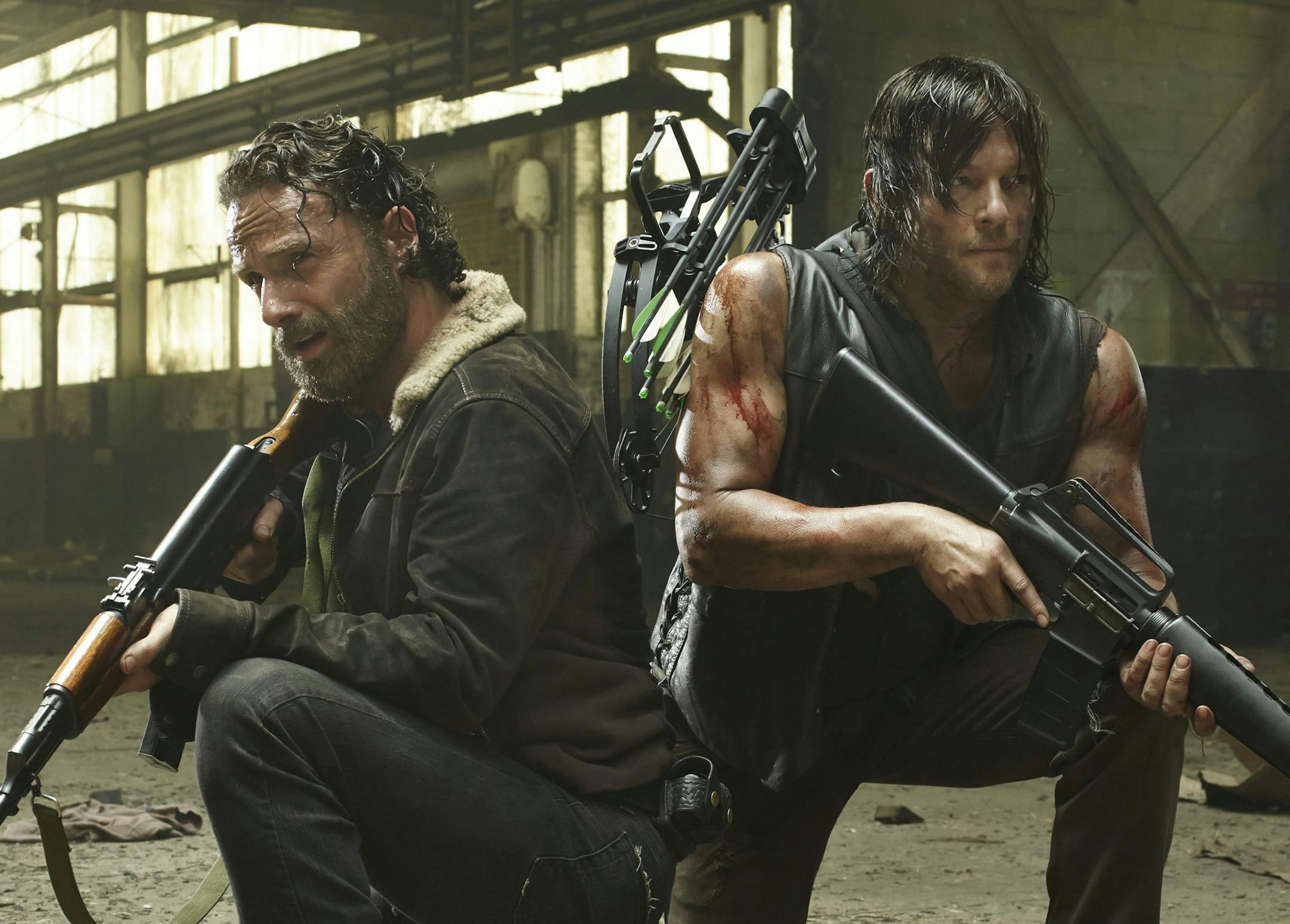 Andrew Lincoln as Rick Grimes and Norman Reedus as Daryl Dixon in "The Walking Dead."