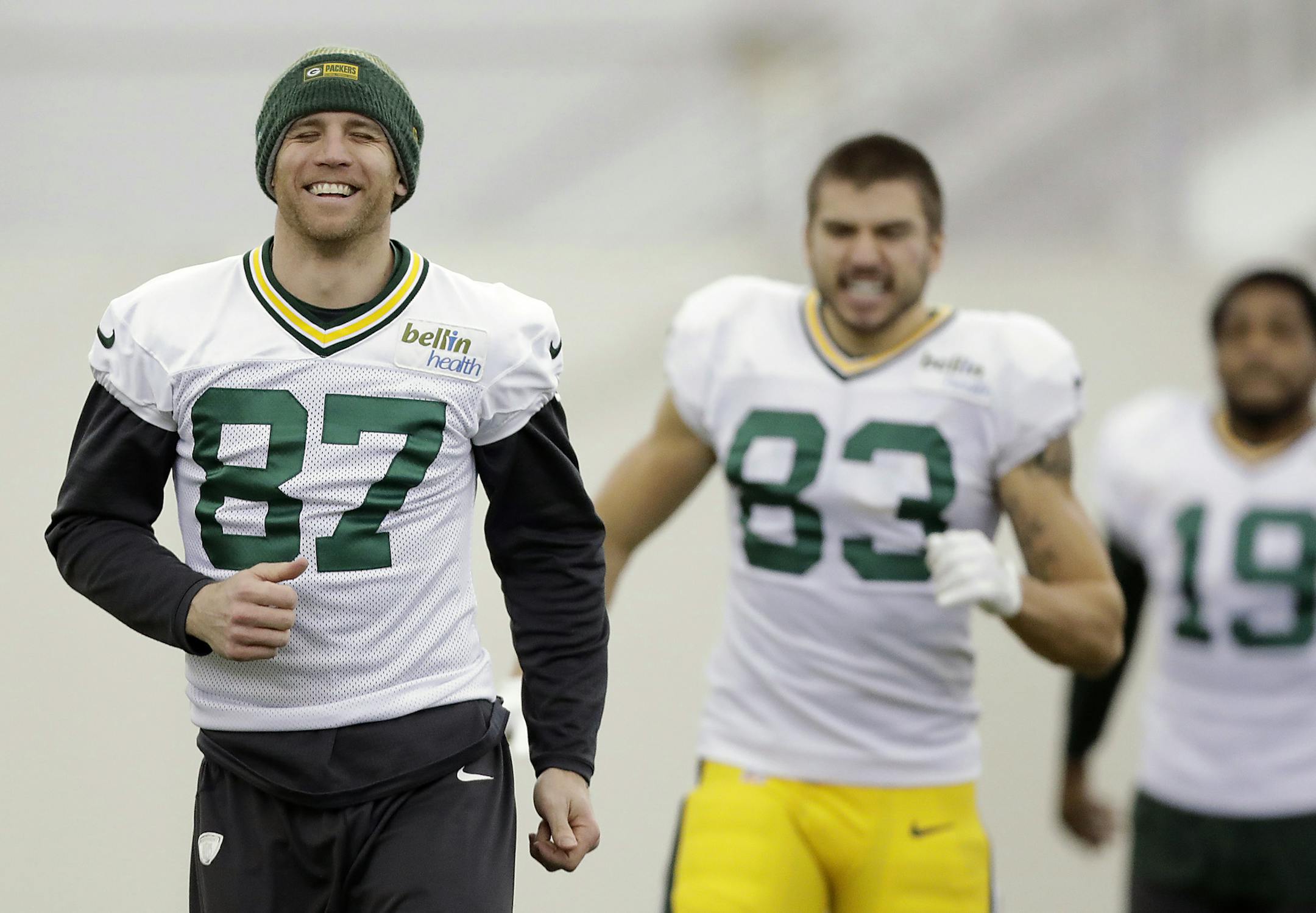 Green Bay Packers wide receiver Jordy Nelson (87) smiles during NFL football practice inside the Don Hutson Center Thursday, Jan. 19, 2017 in Ashwaubenon, Wis. The Green Bay Packers play the Atlanta Falcons in the NFC championship game, Sunday, Jan. 22, 2017. (Jim Matthews/The Green Bay Press-Gazette via AP)