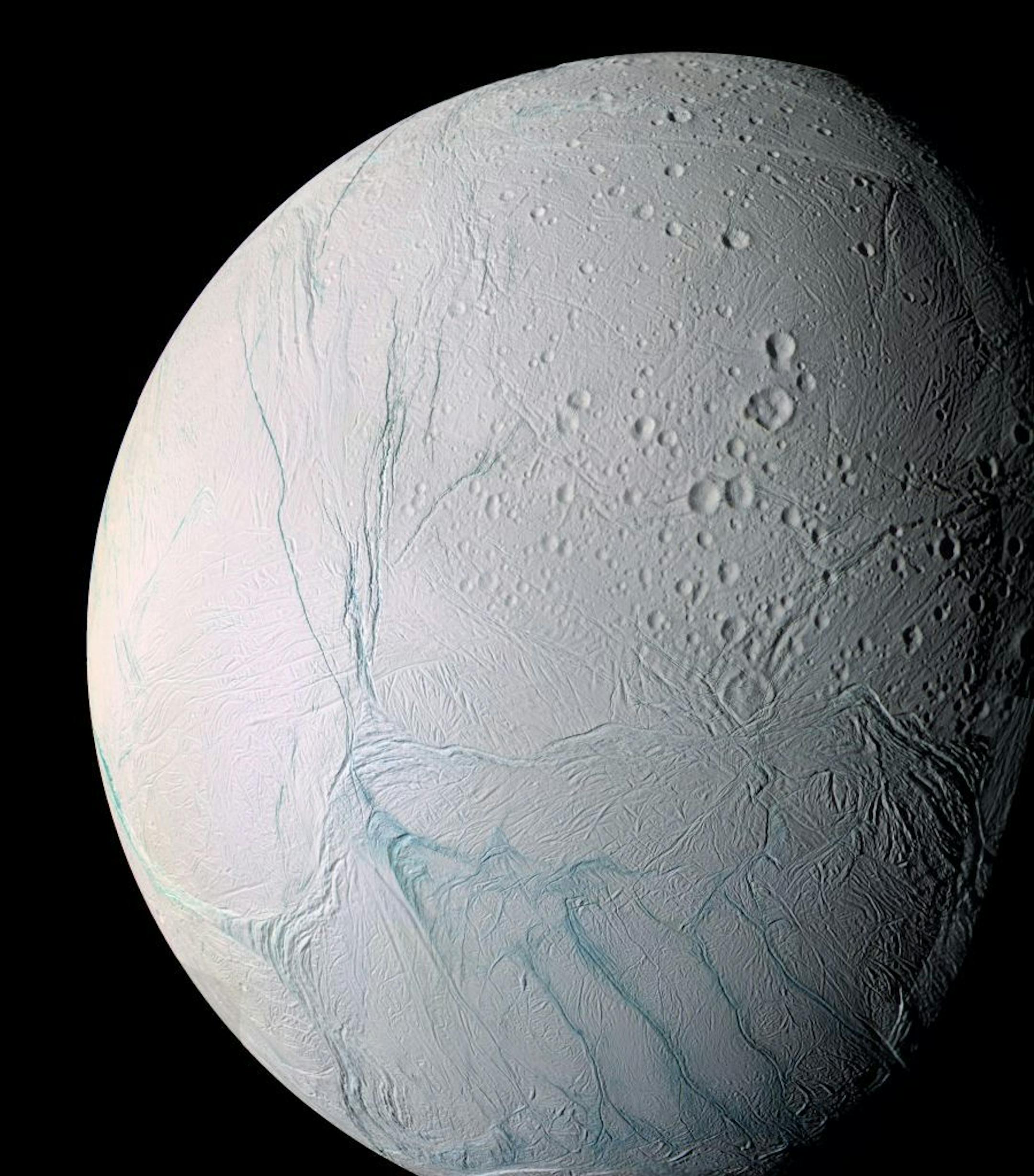 Saturn's moon Enceladus. The "tiger stripes" are long fractures from which water vapor jets are emitted.