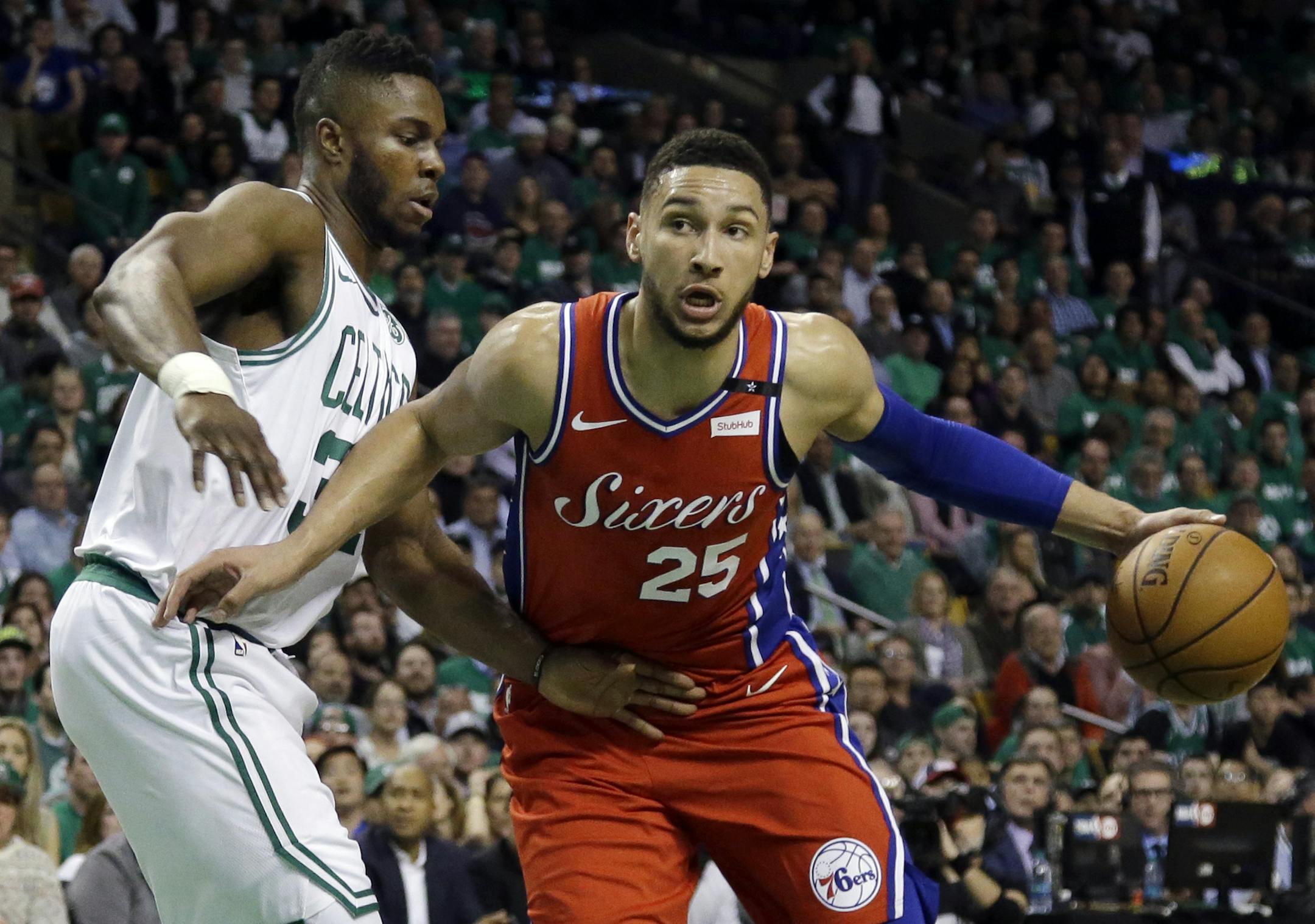 Philadelphia 76ers guard Ben Simmons (25) drives against Boston Celtics forward Semi Ojeleye (37) in the first quarter of Game 1 of an NBA basketball second-round playoff series, Monday, April 30, 2018, in Boston. (AP Photo/Elise Amendola)