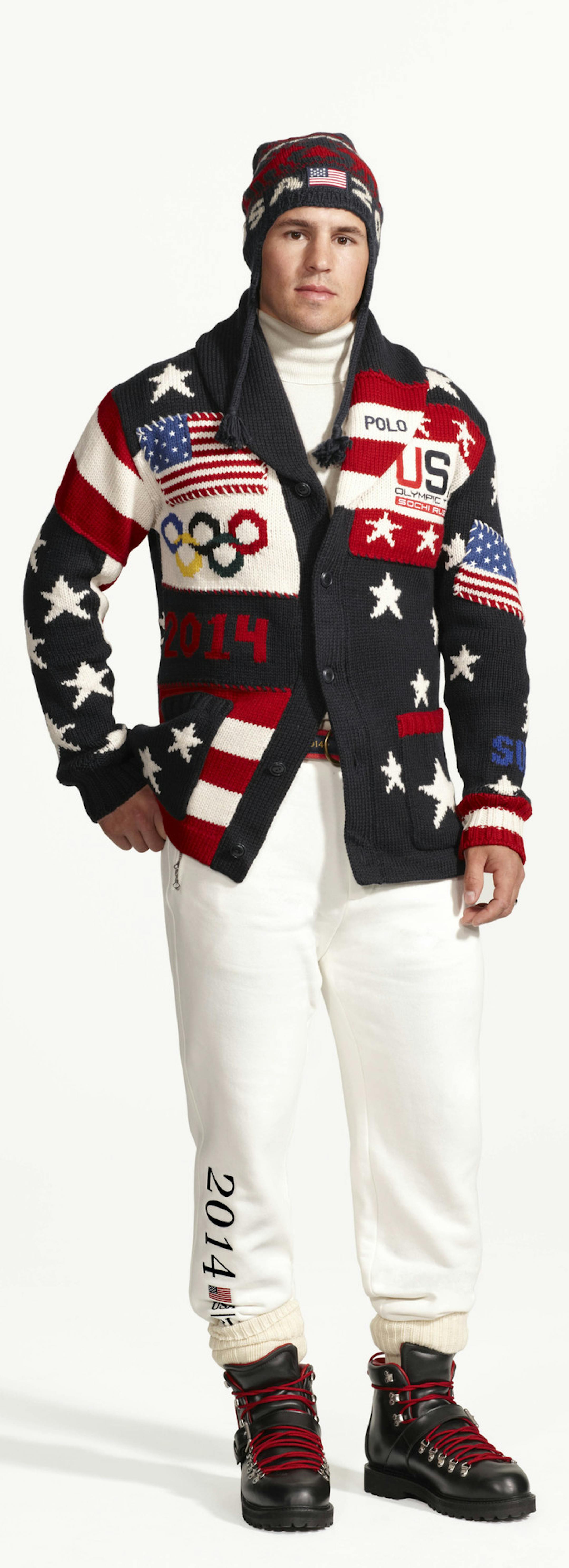 This product image released by Ralph Lauren shows American hockey player Zach Parise wearing the official uniform for Team USA to be worn at the opening ceremony for the 2014 Winter Olympic games in Sochi, Russia. Every article of clothing made by Ralph Lauren for the U.S. Winter Olympic athletes in Sochi, including their opening and closing ceremony uniforms and their Olympic Village gear, has been made by domestic craftsman and manufacturers. (AP Photo/Ralph Lauren)