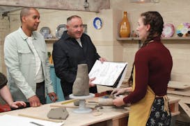 Judges Rich Miller, left, and Keith Brymer Jones with contestant Jodi in Season 4 of “The Great Pottery Throw Down,” which streams on HBO Max.