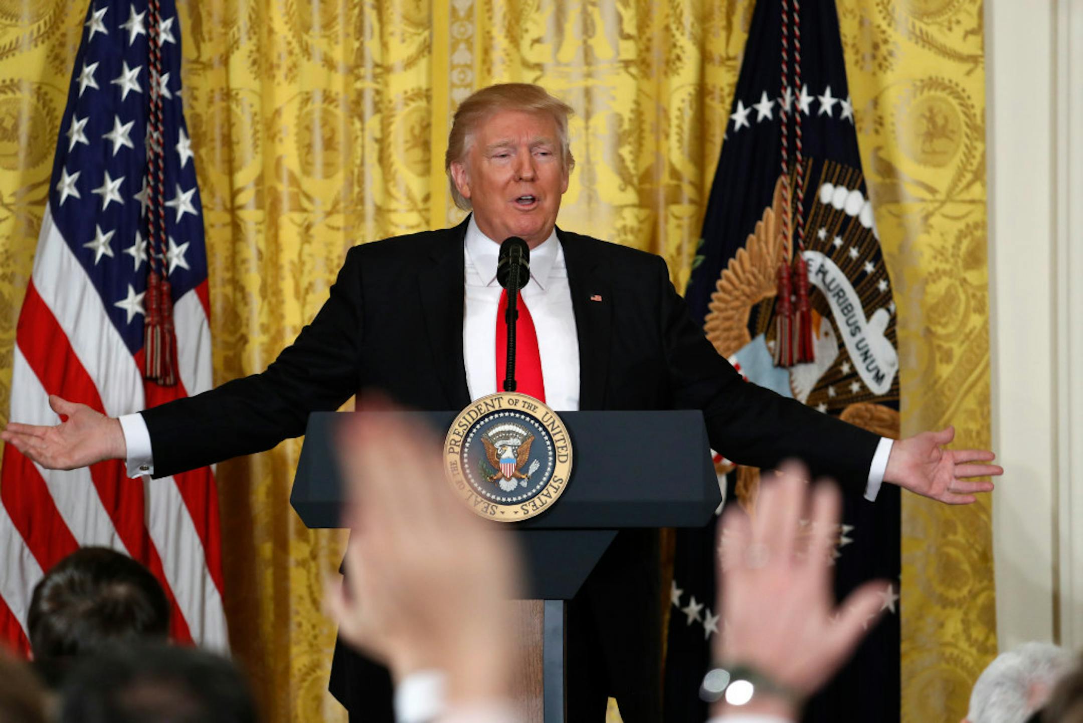 President Donald Trump speaks during a news conference, Thursday, Feb. 16, 2017, in the East Room of the White House in Washington.