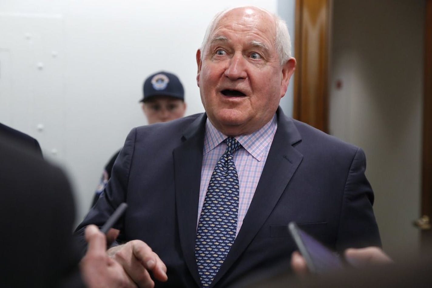 FILE - In this April 11, 2018, file photo, Agriculture Secretary Sonny Perdue speaks with reporters on Capitol Hill in Washington. The Trump administration is setting out to accomplish what this year's farm bill didn't: Tighten work requirements for millions of Americans who receive federal food assistance.