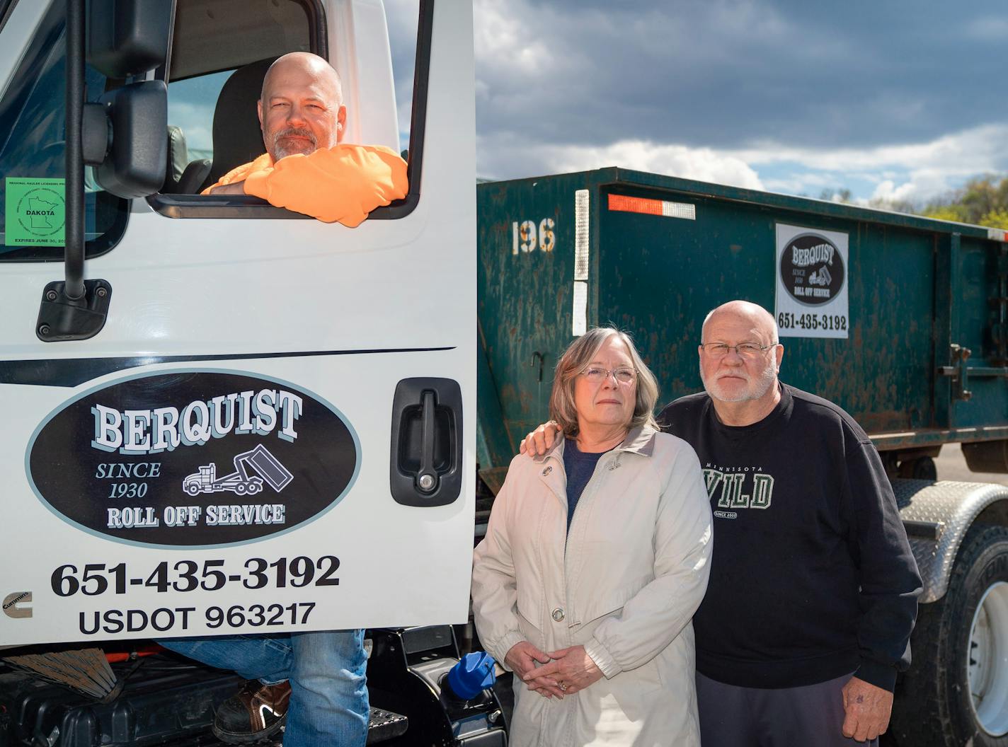 Jim and Bonnie Berquist and son Mike at the family's dumpster business in Inver Grove Heights. ] GLEN STUBBE &#x2022; glen.stubbe@startribune.com Friday, May 10, 2019 The Berquist family operated a small trash hauling business in St. Paul's Highland Park neighborhood for decades. But after more than 50 years, the stress of operating under the city's new organized trash collection system forced them out of the business. While the sale of their company has ensured a comfortable retirement, their s