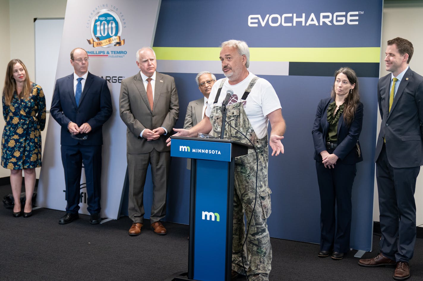 Rep. Rick Hansen, DFL-South St. Paul, wore his camo bibs and a tee shirt while promoting new clean car rules with Gov. Tim Walz at Phillips and Temro, a Minnesota-based manufacturer of electric vehicle battery heating technologies and charging systems.