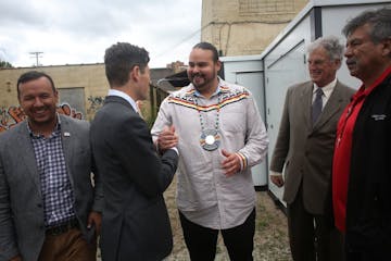 Sam Strong, secretary of the Red Lake Nation shook hands with Minneapolis Mayor Jacob Frey after announcing to the press that the Red Lake tribe would