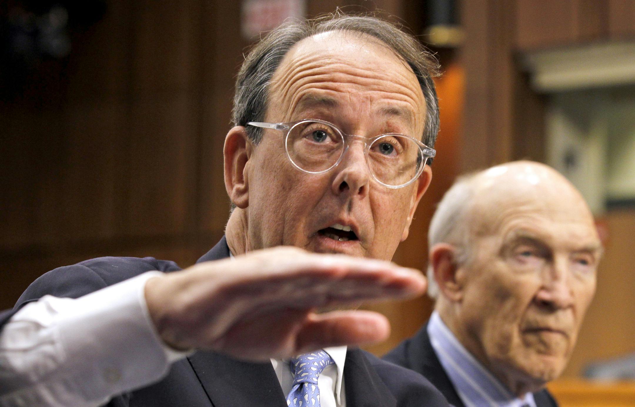 FILE - In this Dec. 1, 2010, file photo, Debt Commission co-chairmen Erskine Bowles, left, and former Wyoming Sen. Alan Simpson speak to the media after a meeting of the commission on Capitol Hill in Washington. Since the end of World War II, more than a dozen high-profile bipartisan panels have been convened to tackle the nationís thorniest fiscal problems. But seldom have their recommendations spurred congressional action. Their ambitious, high-octane reports and recommendations are mostl
