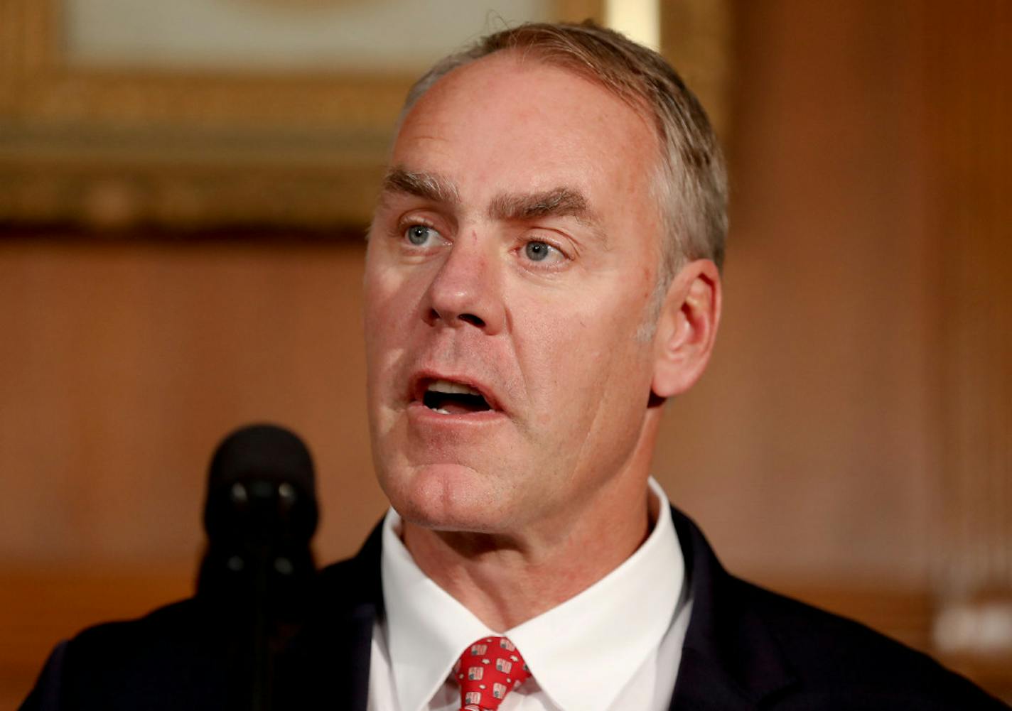 Interior Secretary Ryan Zinke speaks at the Interior Department in Washington on April 26, 2017.