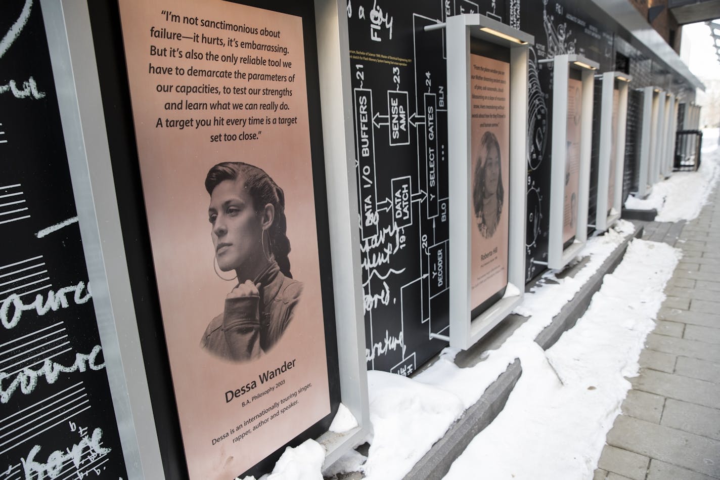 Musician Dessa Wander's picture and story on Scholars Walk at the University of Minnesota campus on Monday, February 12, 2018, in Minneapolis, Minn. This space previously displayed the Garrison Keillor plaque, which was recently removed.