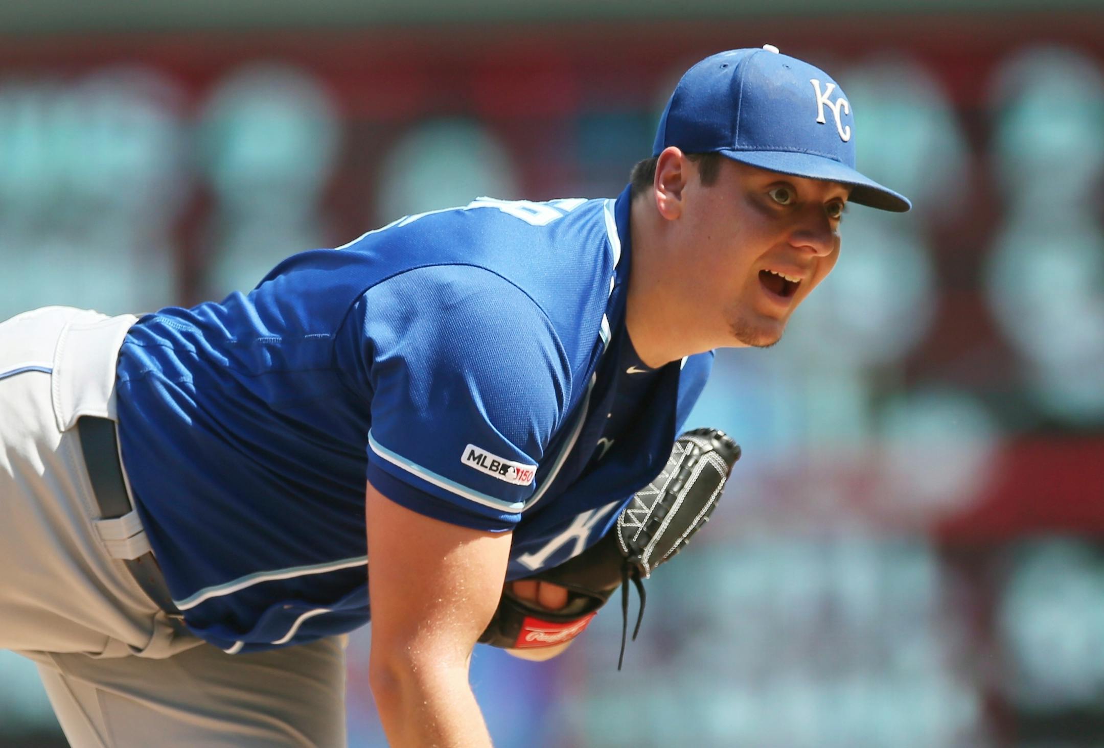 Kansas City Royals pitcher Brad Keller watches his throw against the Minnesota Twins in the fifth inning of a baseball game Sunday, Aug. 4, 2019, in Minneapolis. (AP Photo/Jim Mone)