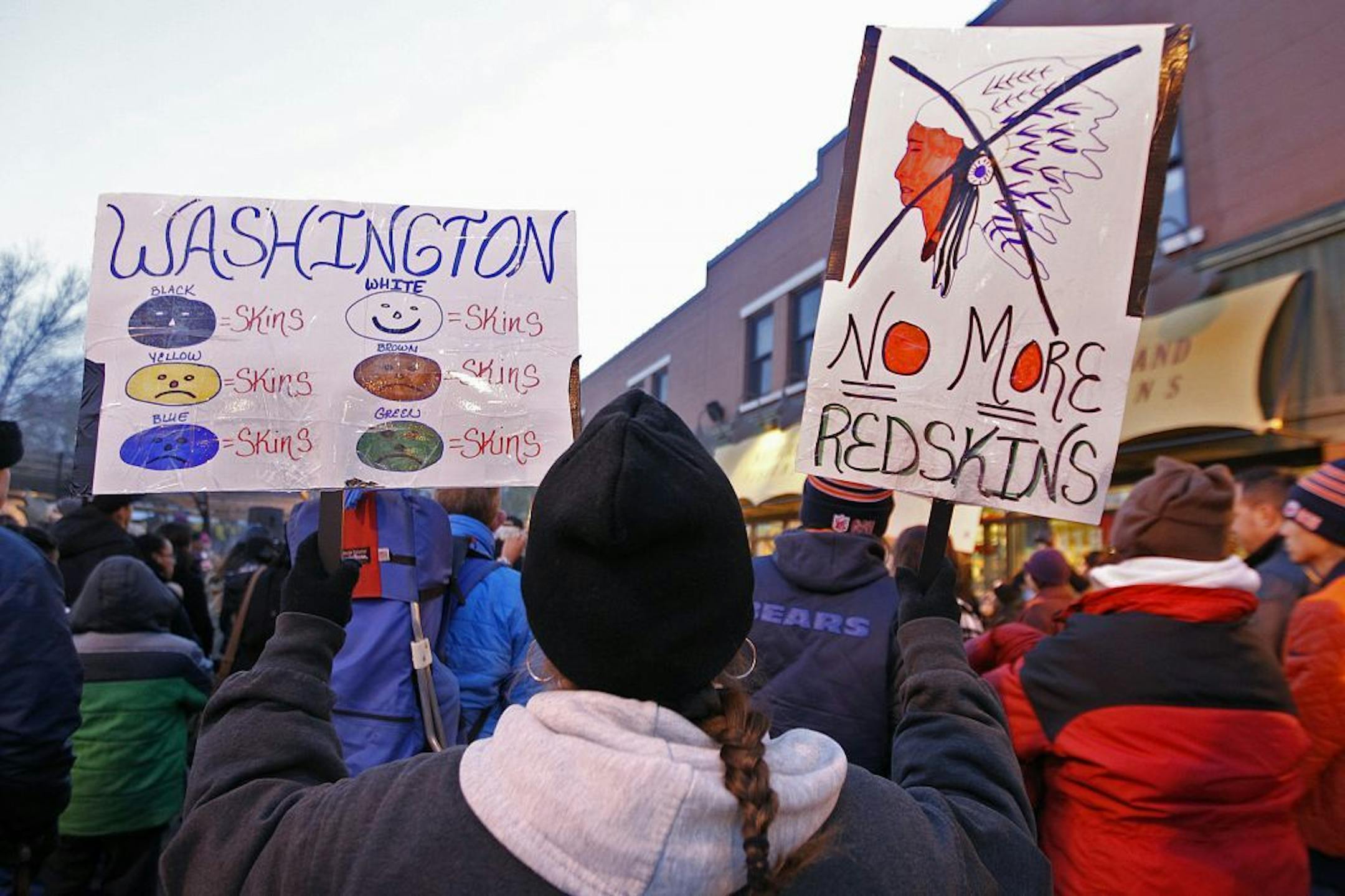 Calling Washington's Redskins nickname a racist slur, several hundred protesters rallied at the Mall of America Field, Thursday, November 7, 2013 in Minneapolis, MN. The rally started at the American Indian Movement Interpretive Center then continued to march to the field for a demonstration, where the Vikings are playing the team, the Washington Redskins, with what the protesters call the 'R' word mascot. (ELIZABETH FLORES/STAR TRIBUNE) ELIZABETH FLORES � eflores@startribune.com