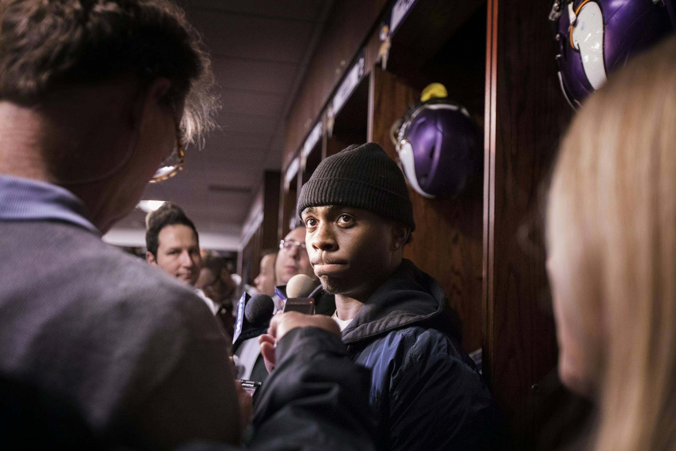 Jerick McKinnon speaks with the media.