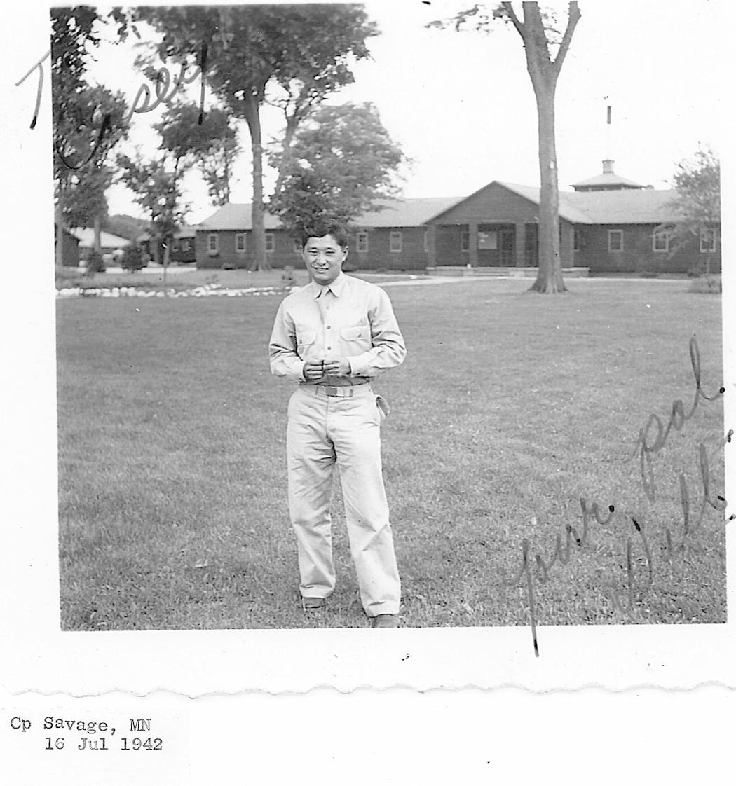 Walter Tanaka, pictured in July 1942, while being trained as a military linguist at Camp Savage.