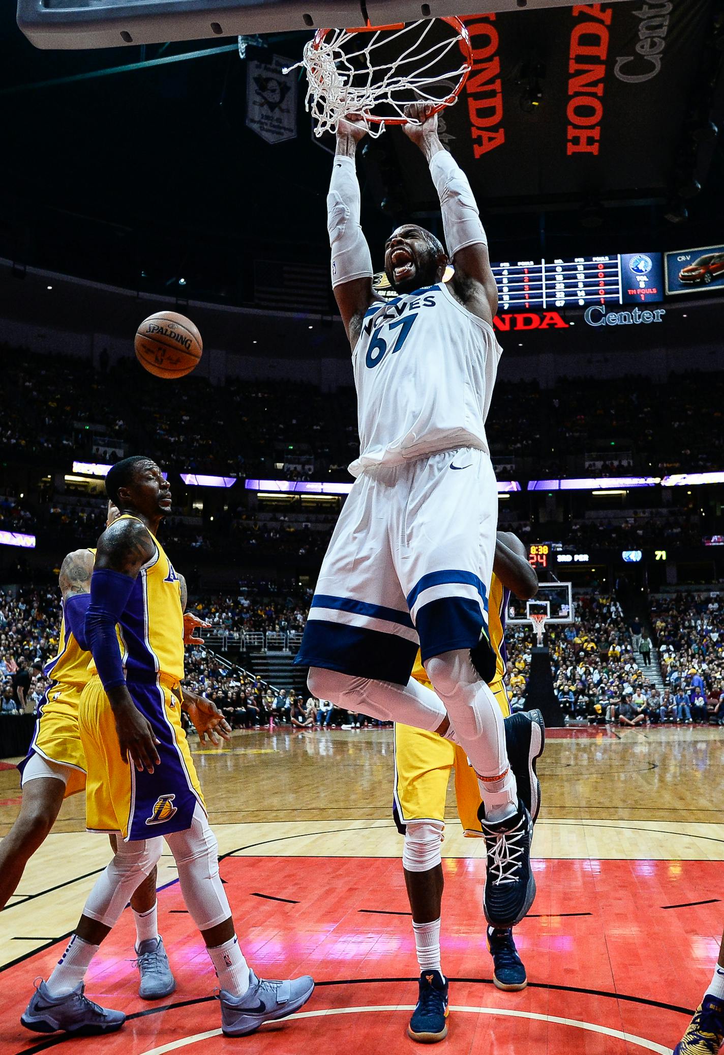 Minnesota Timberwolves forward Taj Gibson (67) yelled as he dunked the ball in the fourth quarter against the Los Angeles Lakers. ] AARON LAVINSKY &#xef; aaron.lavinsky@startribune.com The Minnesota Timberwolves played the Los Angeles Lakers in their first game of the NBA preseason on Saturday, Sept. 30, 2017 at Honda Center in Anaheim, California.