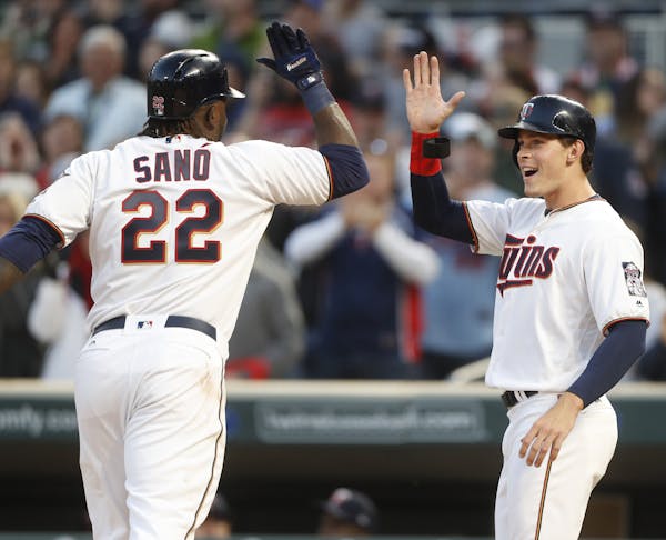 Miguel Sano left celebrated with Max Kepler on his two run home run in the third inning at Target Field Tuesday May 2, 2017 in Minneapolis, MN.] JERRY