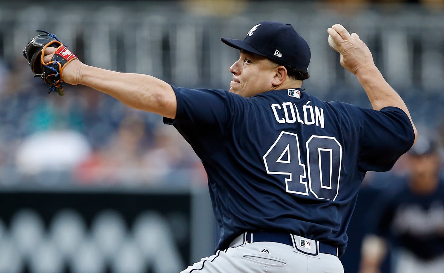 Atlanta Braves starting pitcher Bartolo Colon throws to the plate during the first inning of a baseball game against the San Diego Padres in San Diego, Wednesday, June 28, 2017. (AP Photo/Alex Gallardo) ORG XMIT: OTKAG