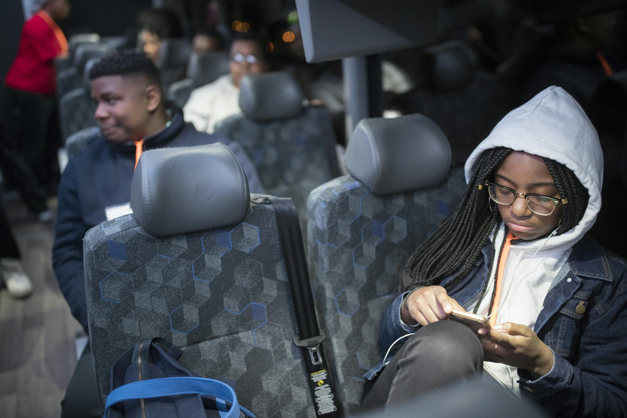 Park Center Senior High student Jaton White boarded a bus for Washington, D.C., on Wednesday, March 21, at the Northside Achievement Zone offices in Minneapolis.